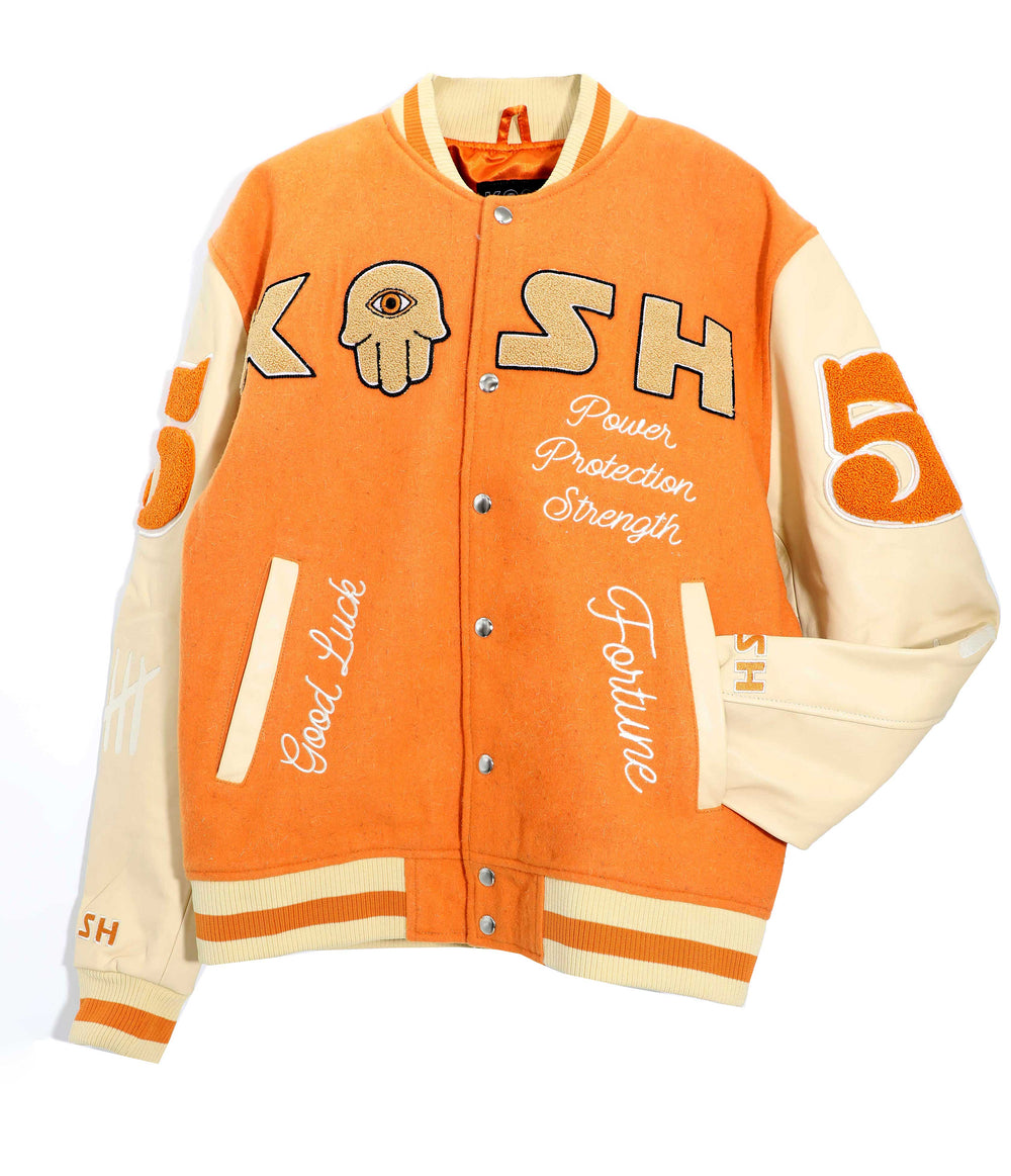 Kash Chenille Print Varsity Jacket in orange with cream – view 2 of 9