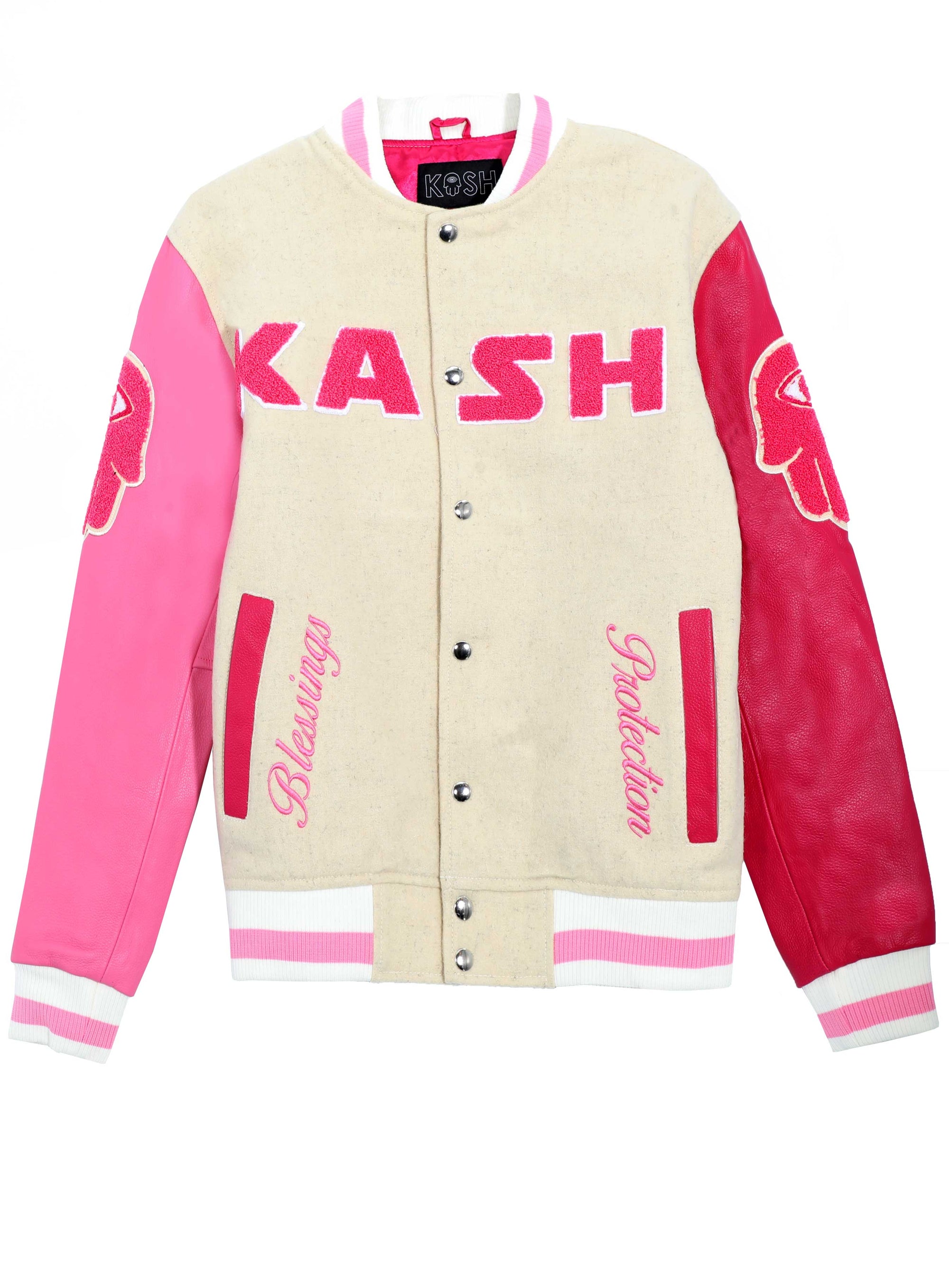 KASH AUTHENTIC LEATHER AND WOOL JACKET WITH CHENILLE DETAILS - PINK W/ CREAM