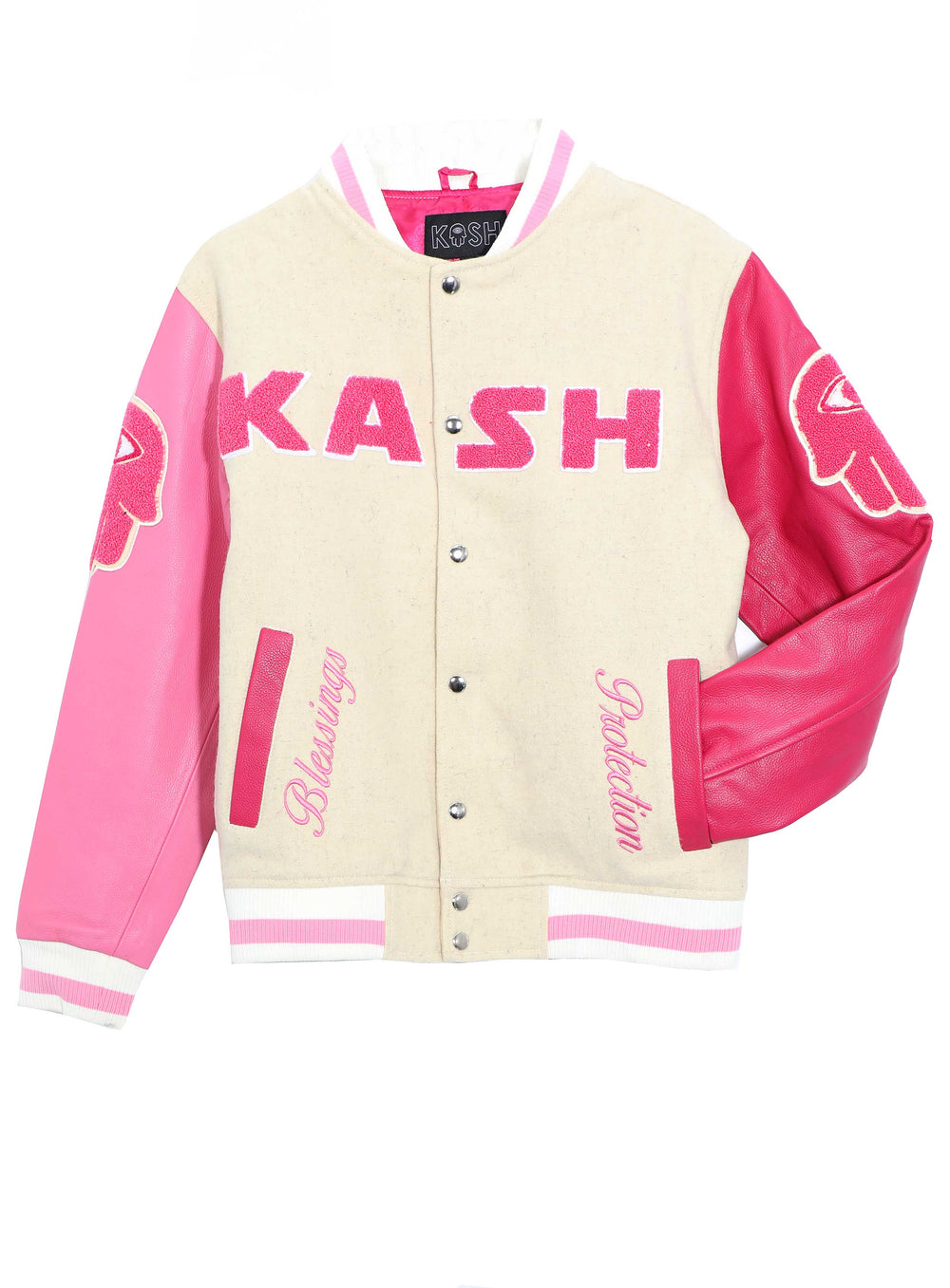 KASH Chenille Print Varsity Jacket - Pink w/ Cream – view 3 of 6