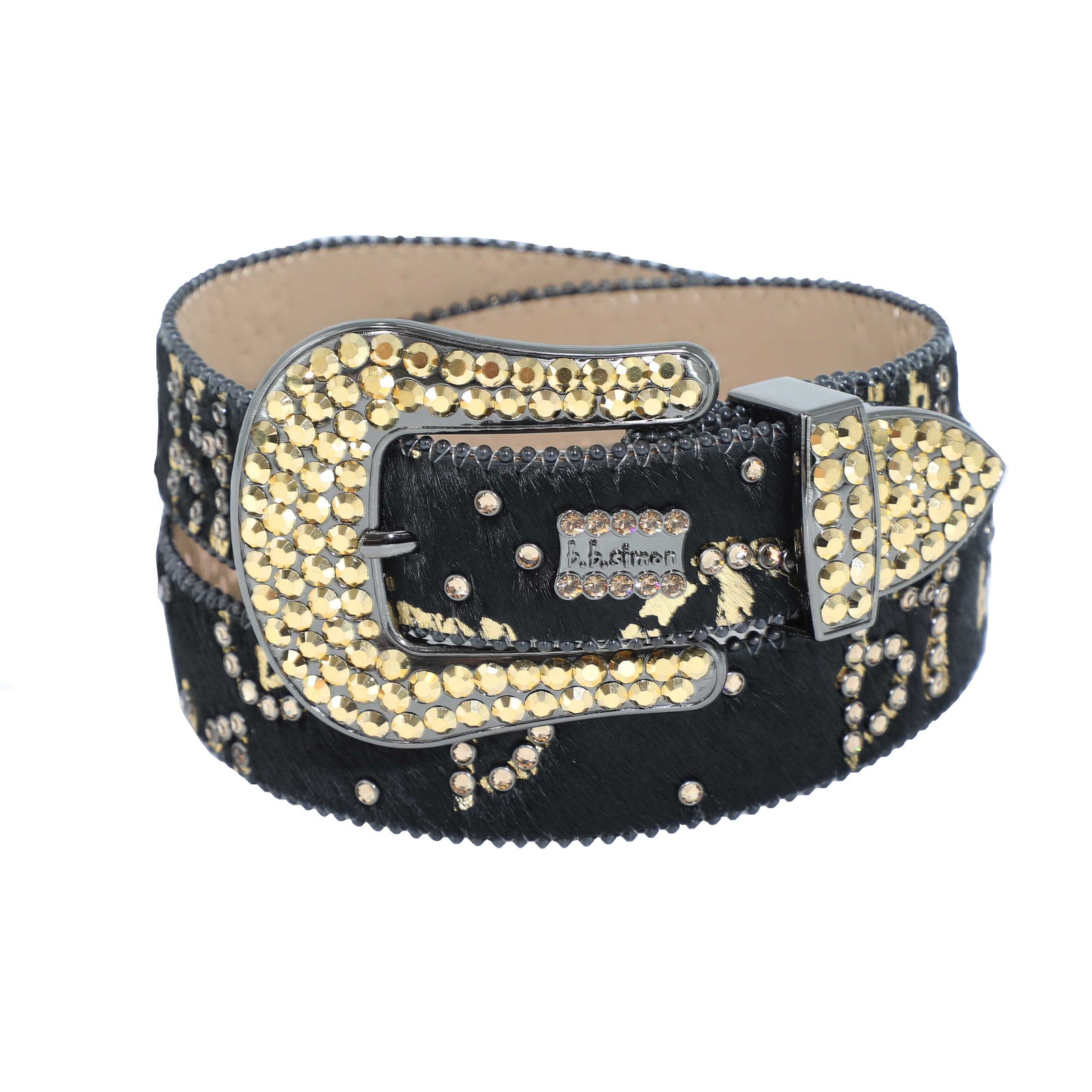 BB Simon 3017 | BIG PRINT GOLD CRYSTAL FUR BELT - BLACK