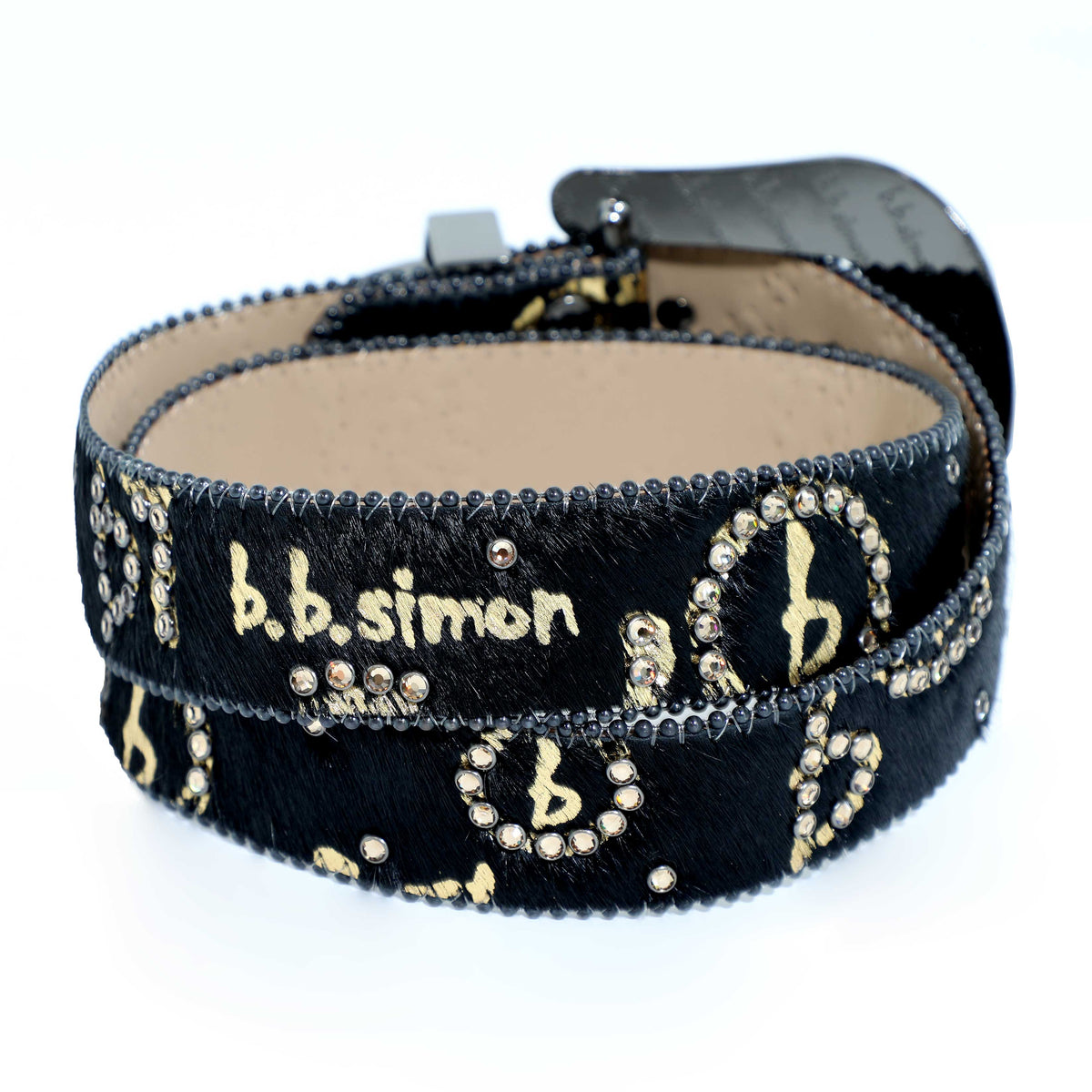 BB Simon 3017 | BIG PRINT GOLD CRYSTAL FUR BELT - BLACK