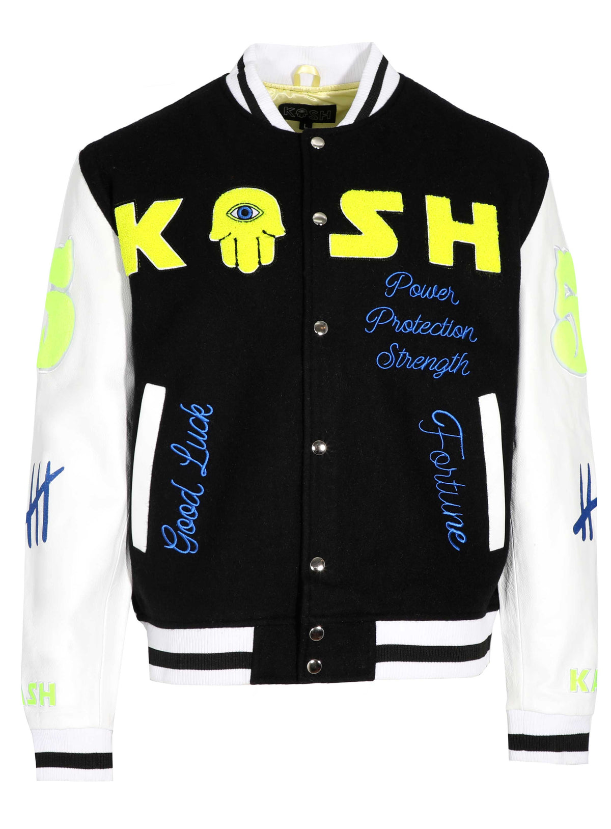Kash Chenille Varsity Jacket in black with neon green – view 1 of 13