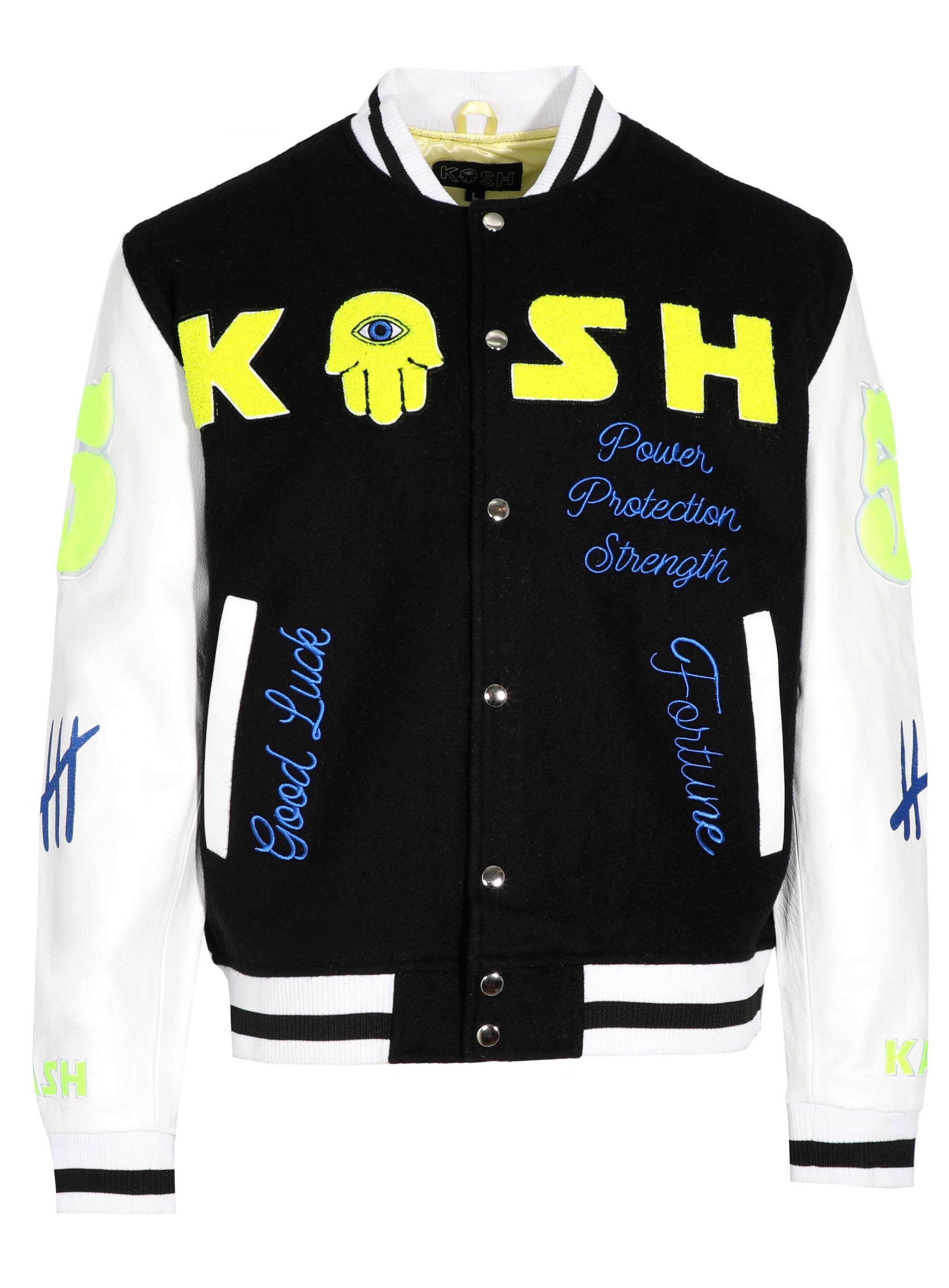 KASH AUTHENTIC LEATHER AND WOOL JACKET WITH CHENILLE DETAILS - BLACK W/ NEON GREEN