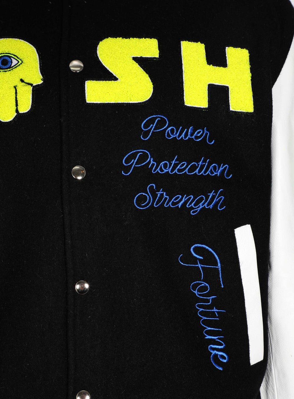 Kash Chenille Varsity Jacket in black with neon green – view 4 of 13