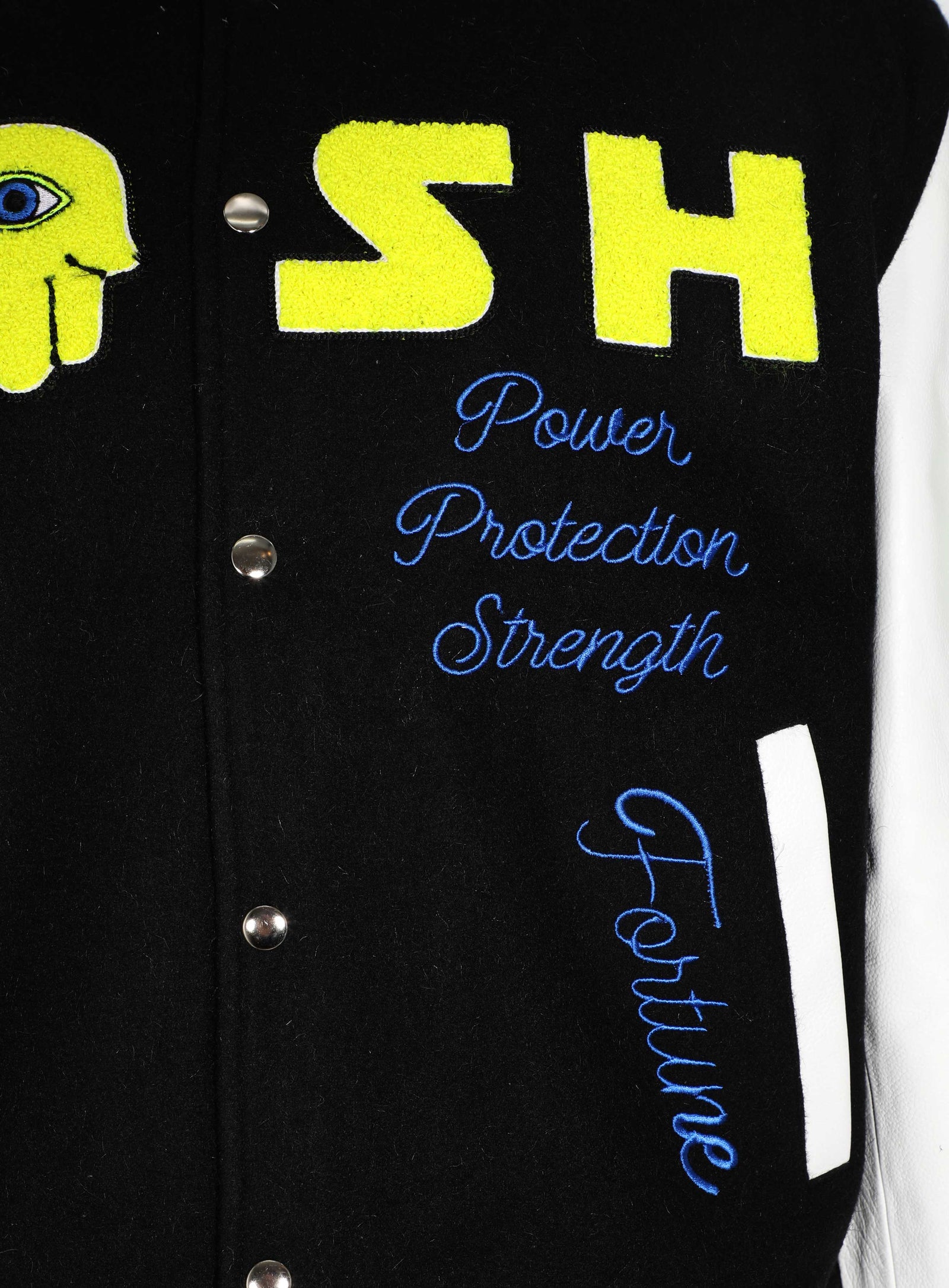 Kash Chenille Varsity Jacket in black with neon green – view 4 of 13