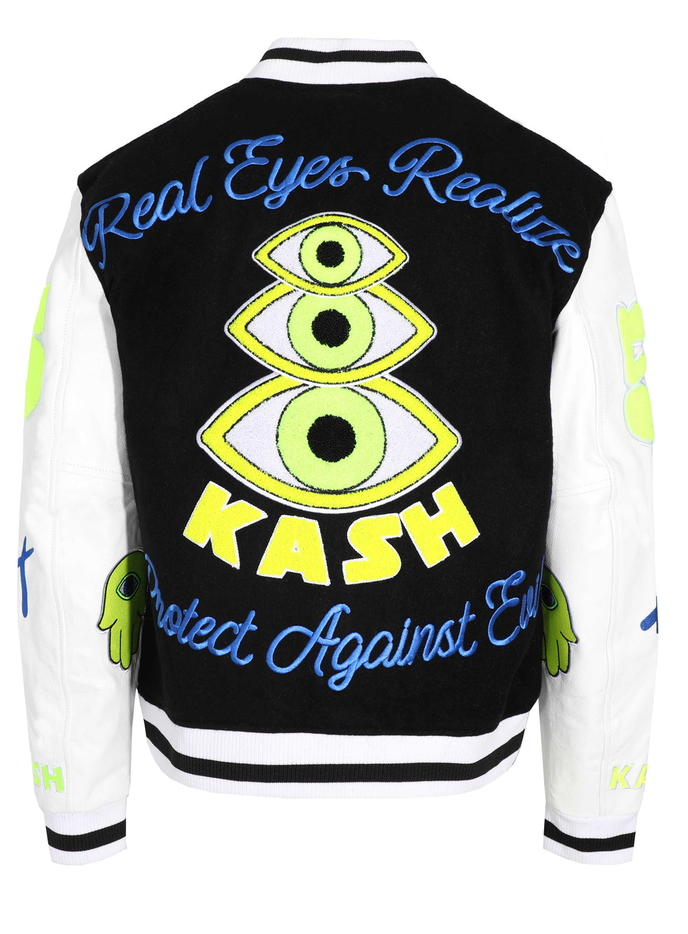 Kash Chenille Varsity Jacket in black with neon green – view 2 of 13