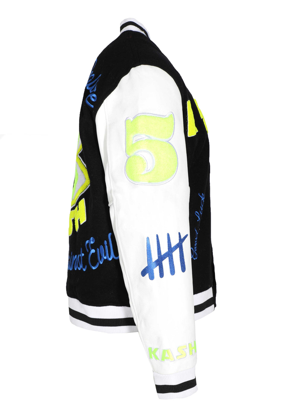 Kash Chenille Varsity Jacket in black with neon green – view 3 of 13