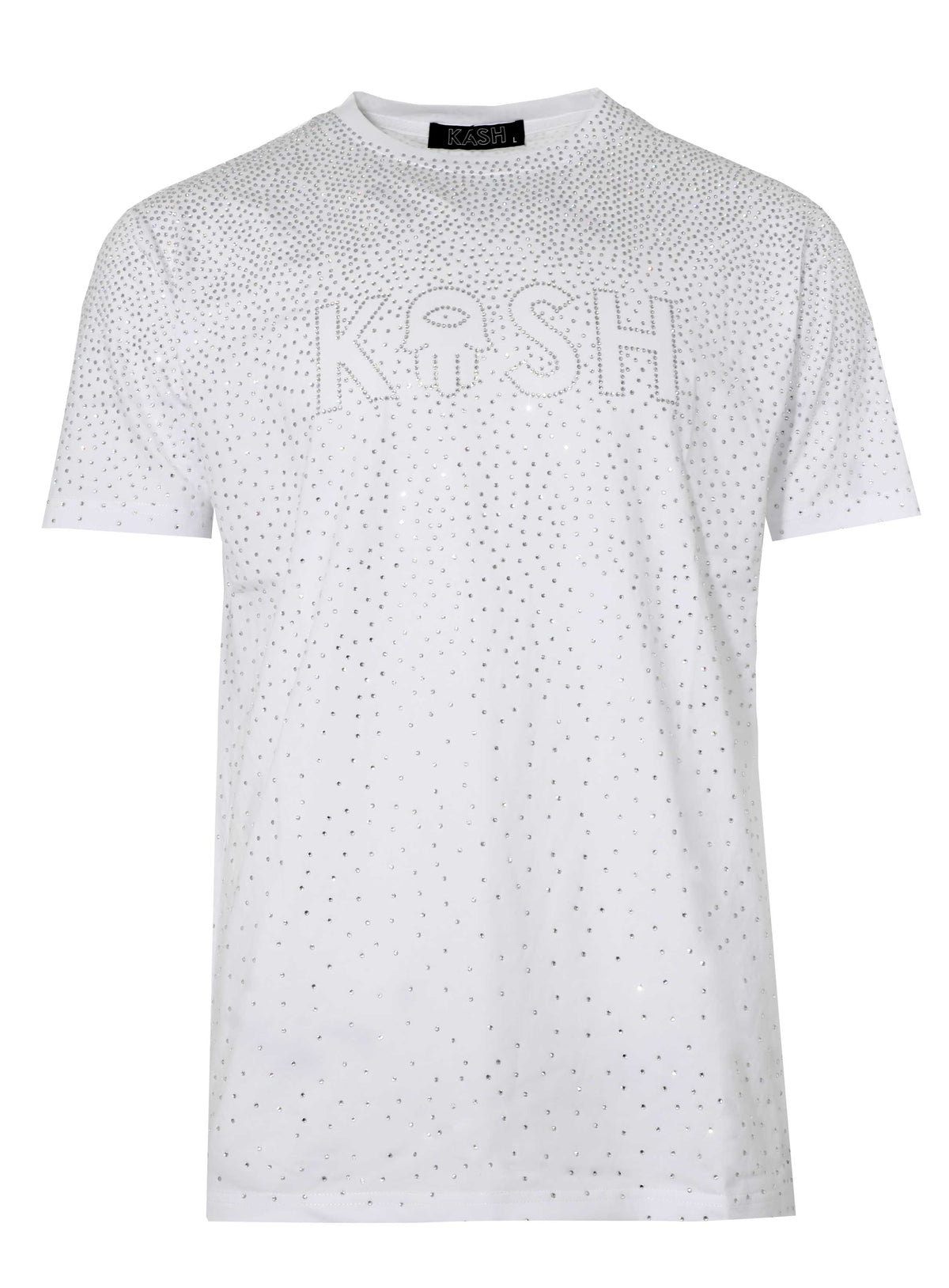 Kash Hamsa logo diamond luxury stretch silky feel tee shirt- true to size - White/Clear