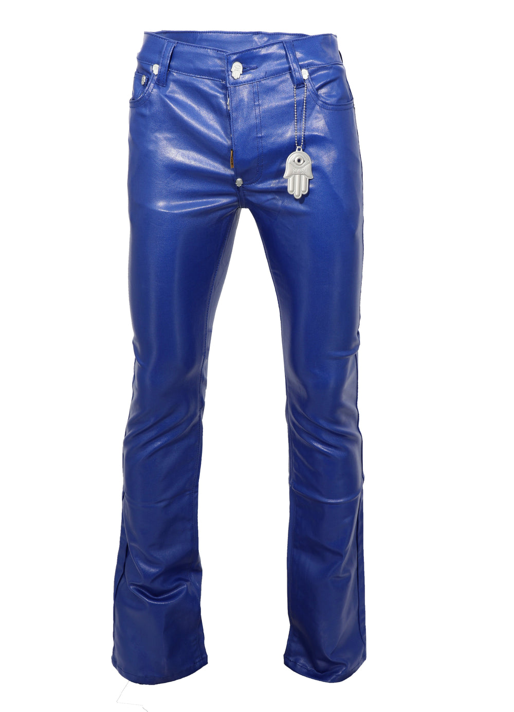 Kash Vegan Leather Stacked Pants in blue, faux leather stacked pants – view 1 of 3