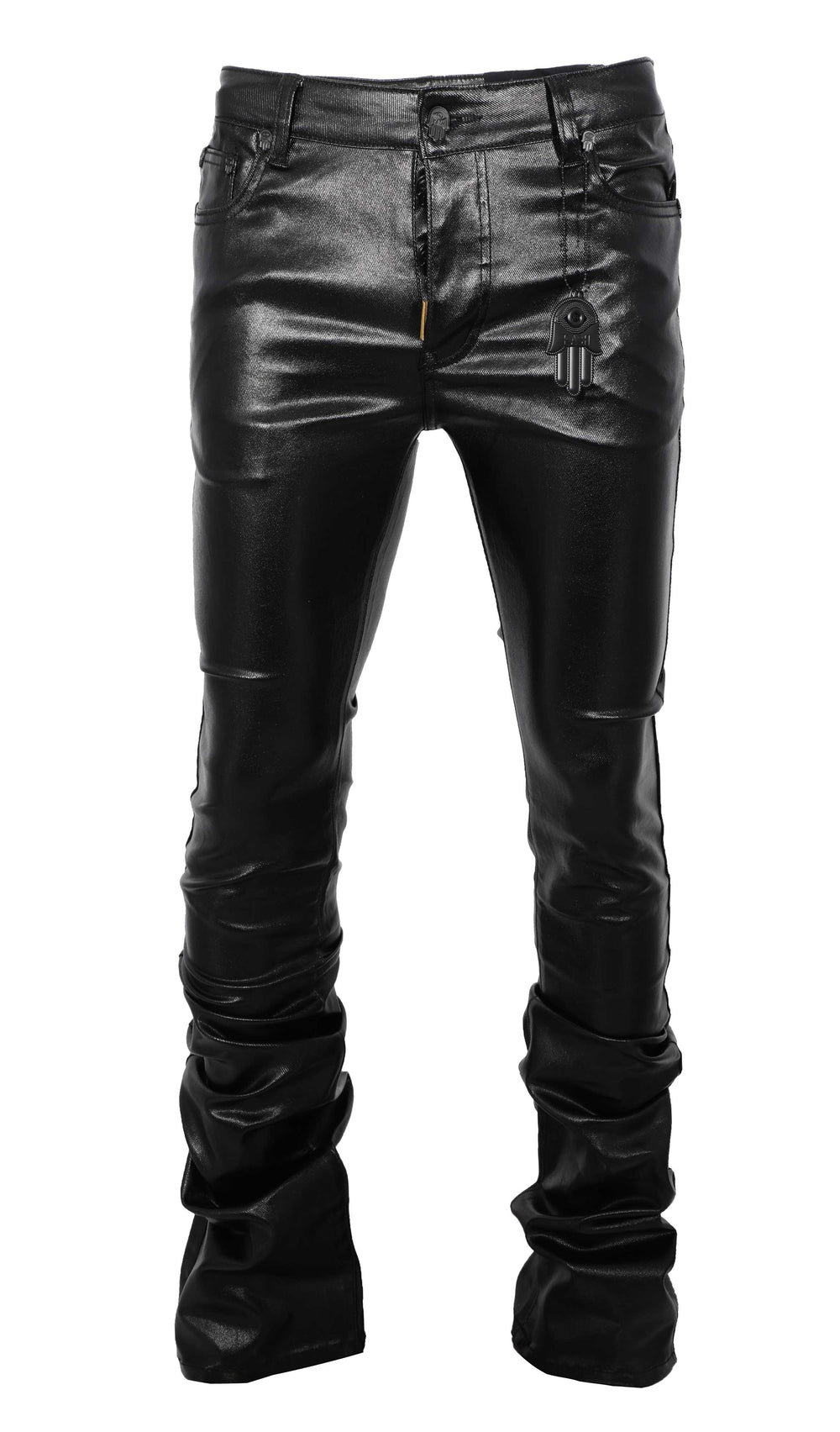 Kash Vegan Leather D-Stacked Pants in black, faux leather stacked pants – view 1 of 10