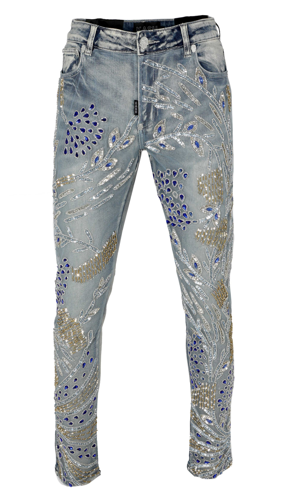 Kash Couture hand-sewn stone denim jeans in blue – view 1 of 7