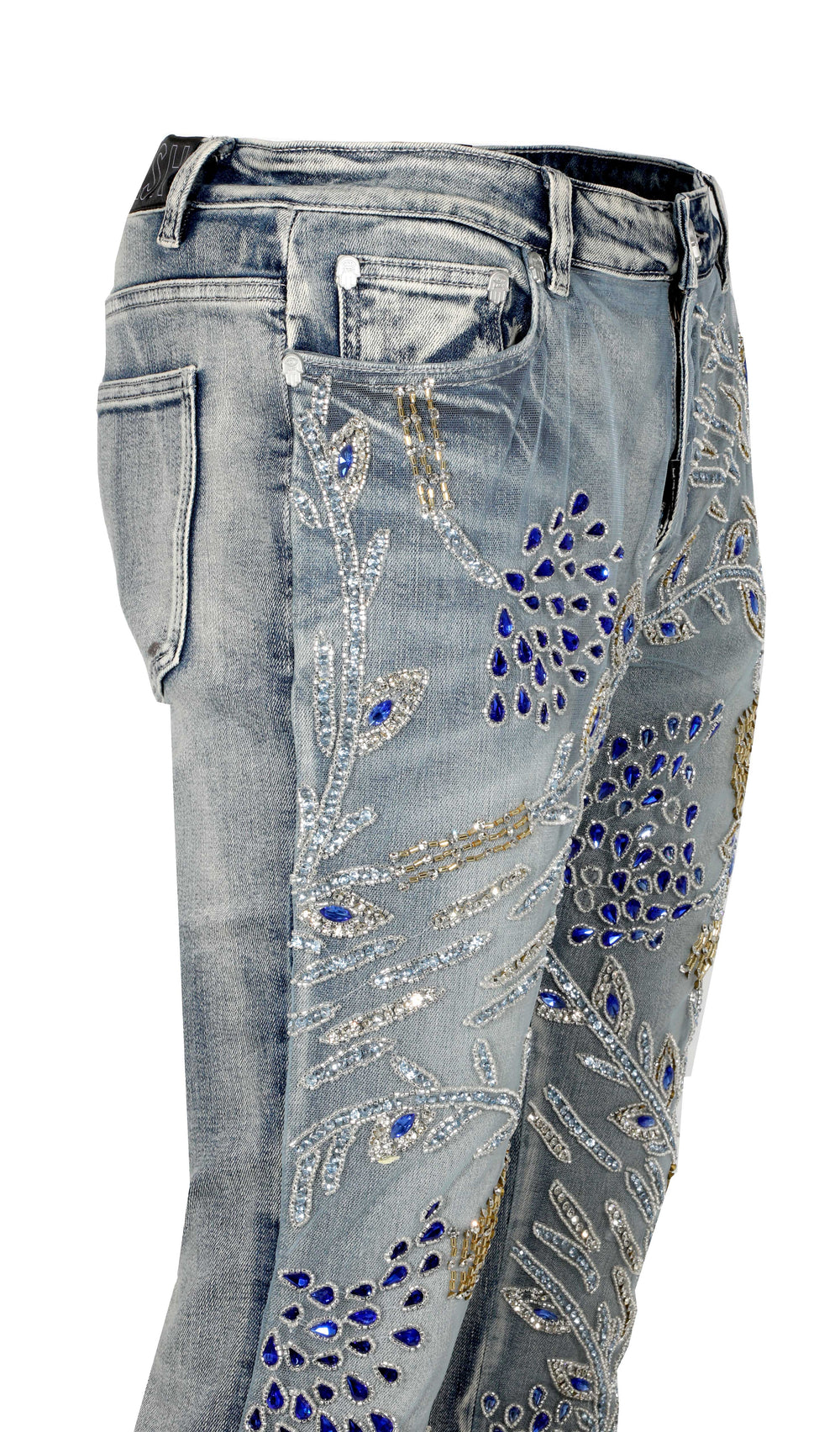Kash Couture hand-sewn stone denim jeans in blue – view 2 of 7