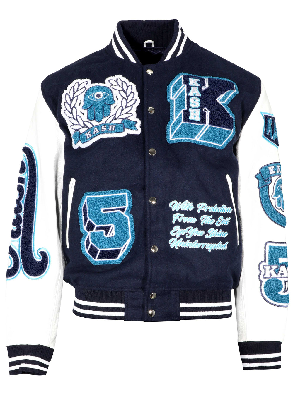 Kash Holiday Blue Genuine Leather Varsity Jacket in navy – view 1 of 2