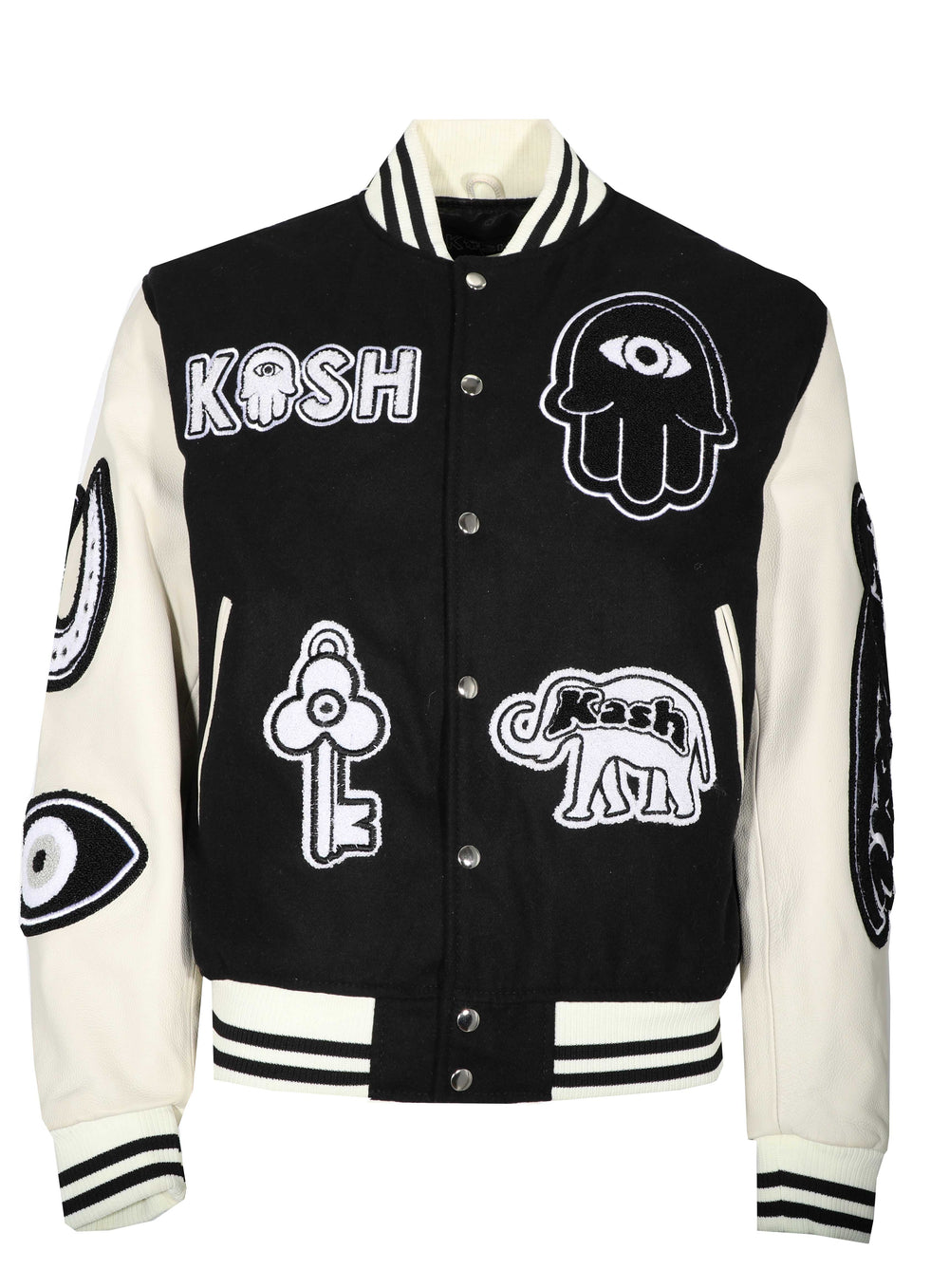 Kash Leather Varsity Jacket with Chenille Details in black/off white – view 2 of 9
