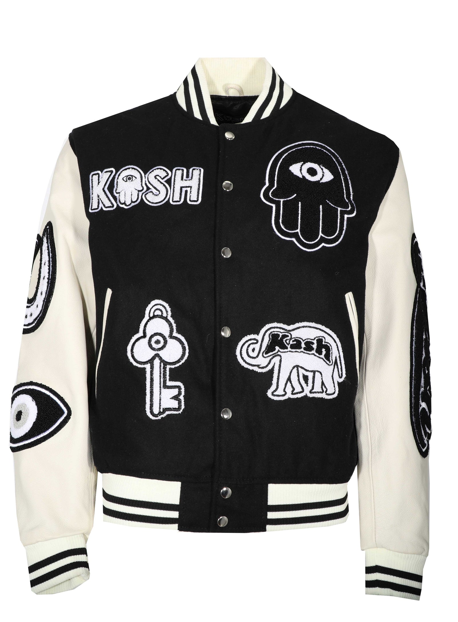 Kash Leather Varsity Jacket with Chenille Details in black/off white – view 2 of 9
