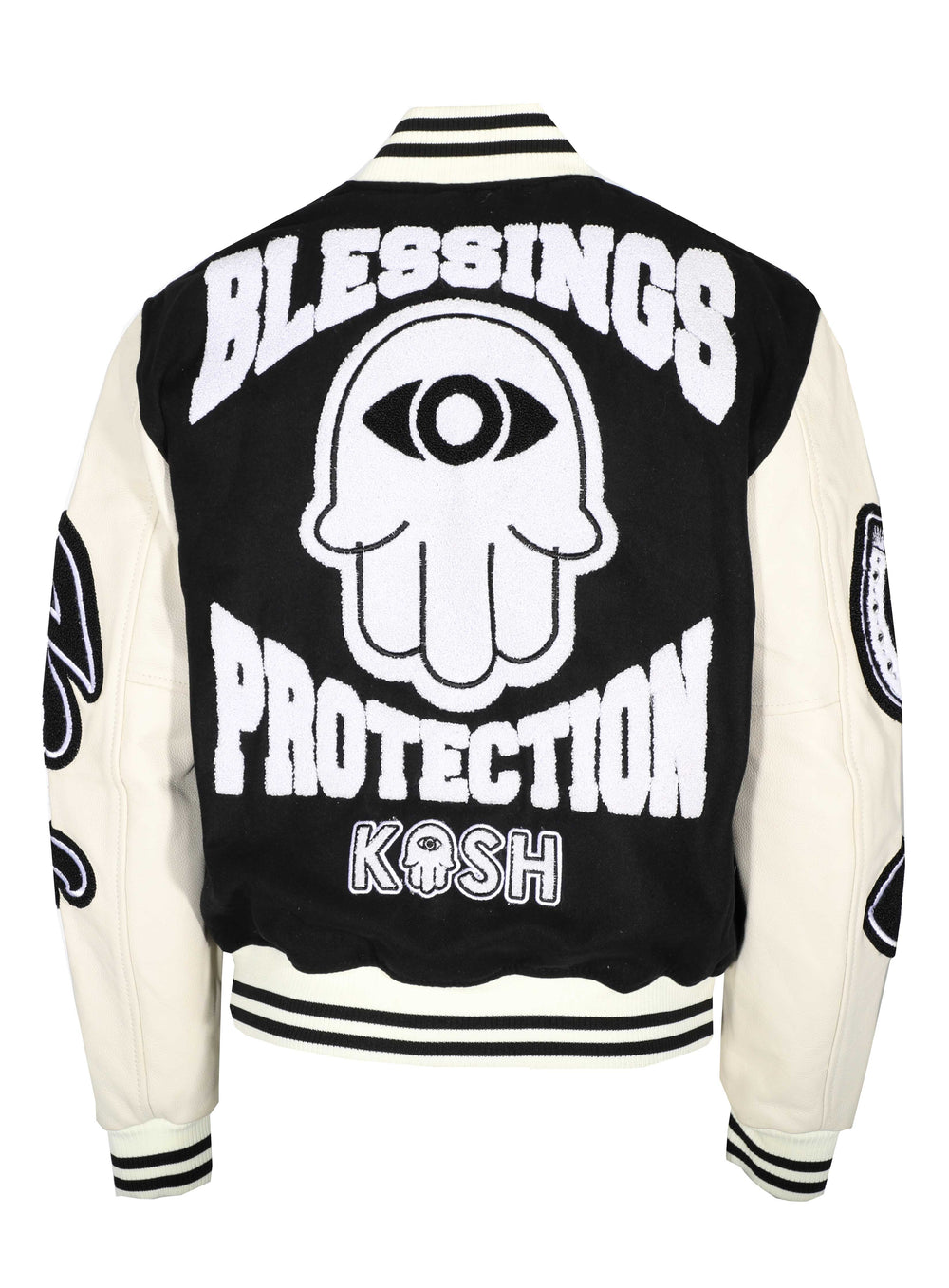 Kash Leather Varsity Jacket with Chenille Details in black/off white – view 4 of 9
