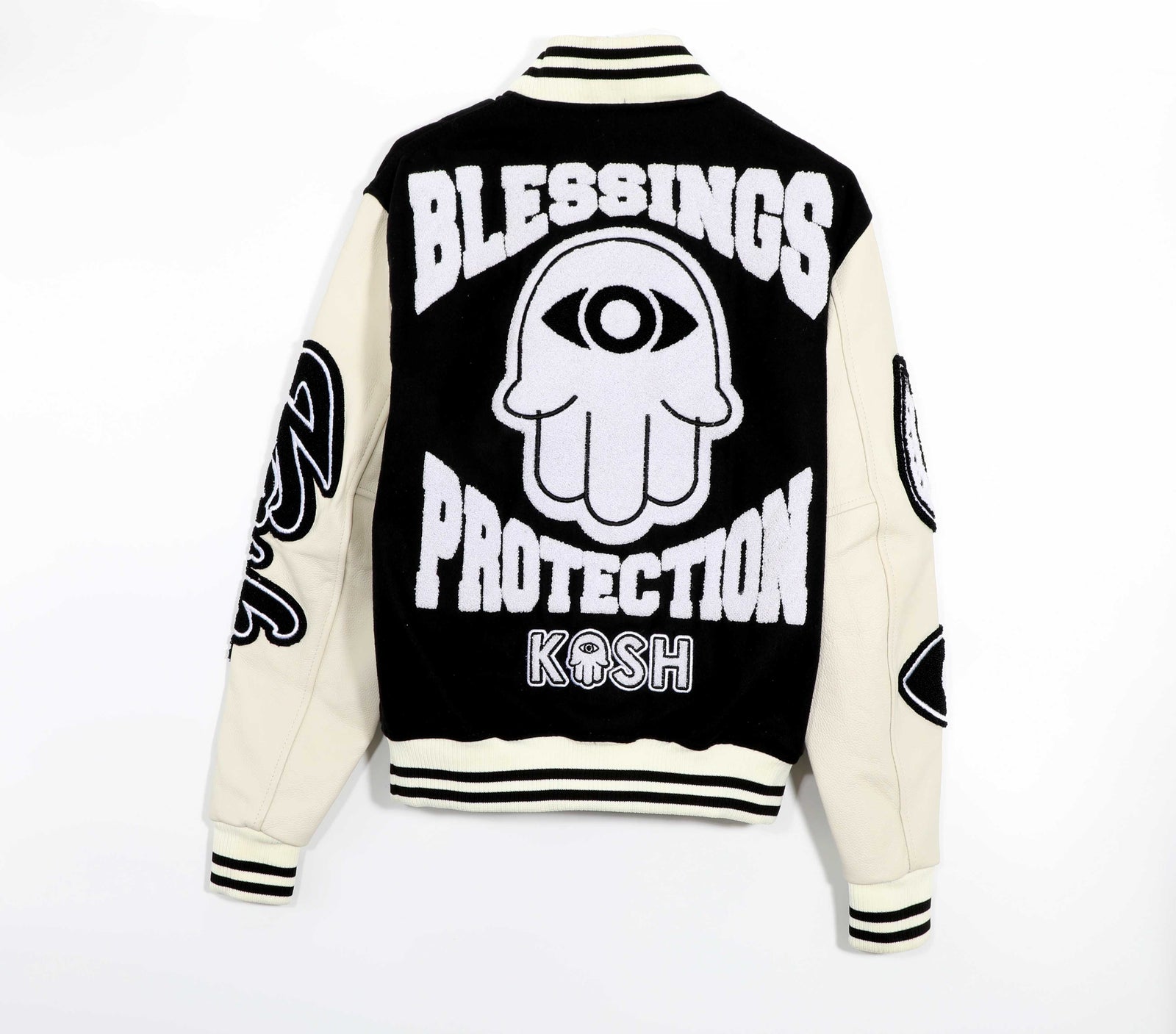 Kash Leather Varsity Jacket with Chenille Details in black/off white – view 3 of 9