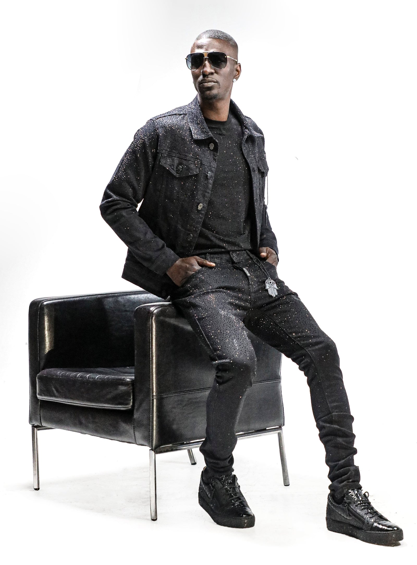 Kash Diamond Denim Jacket Black on Black styled seated