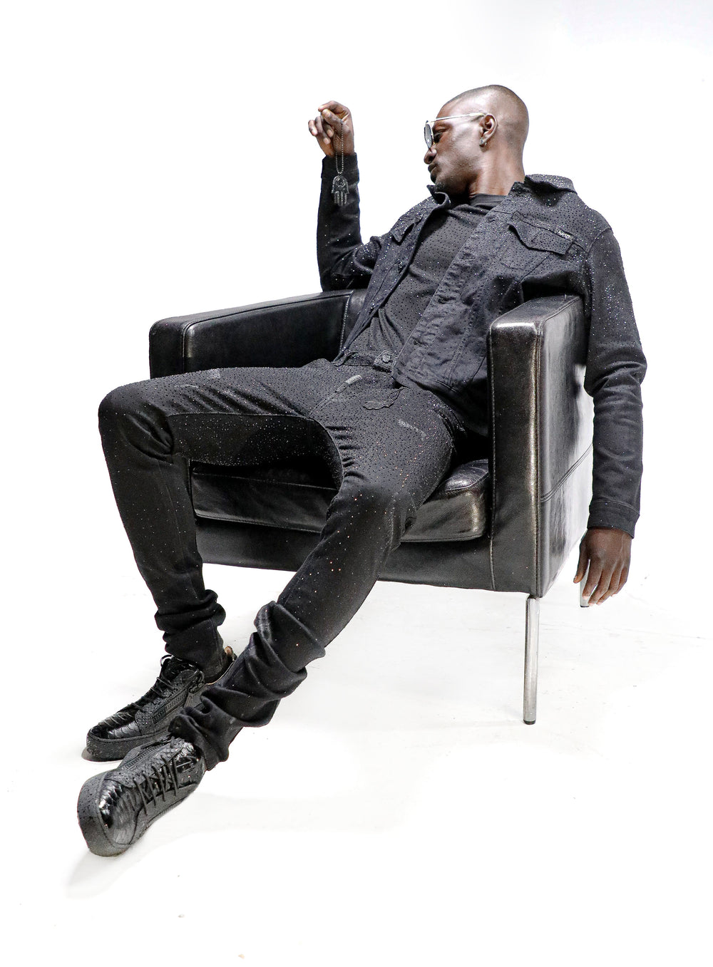 Kash Diamond Denim Jacket Black on Black styled