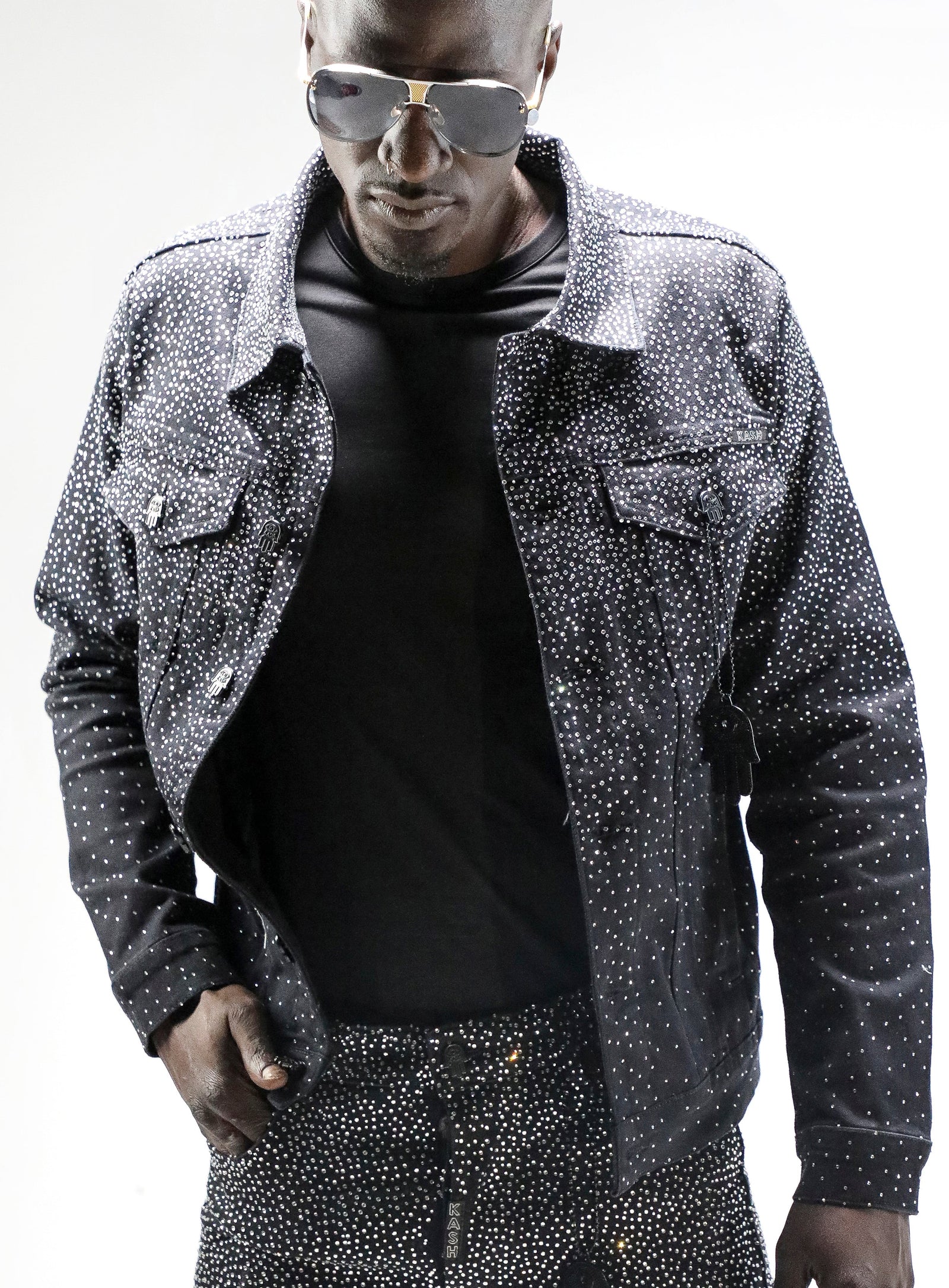 Kash Diamond Collection Black Denim Jacket with Clear Crystals in black – view 3 of 15