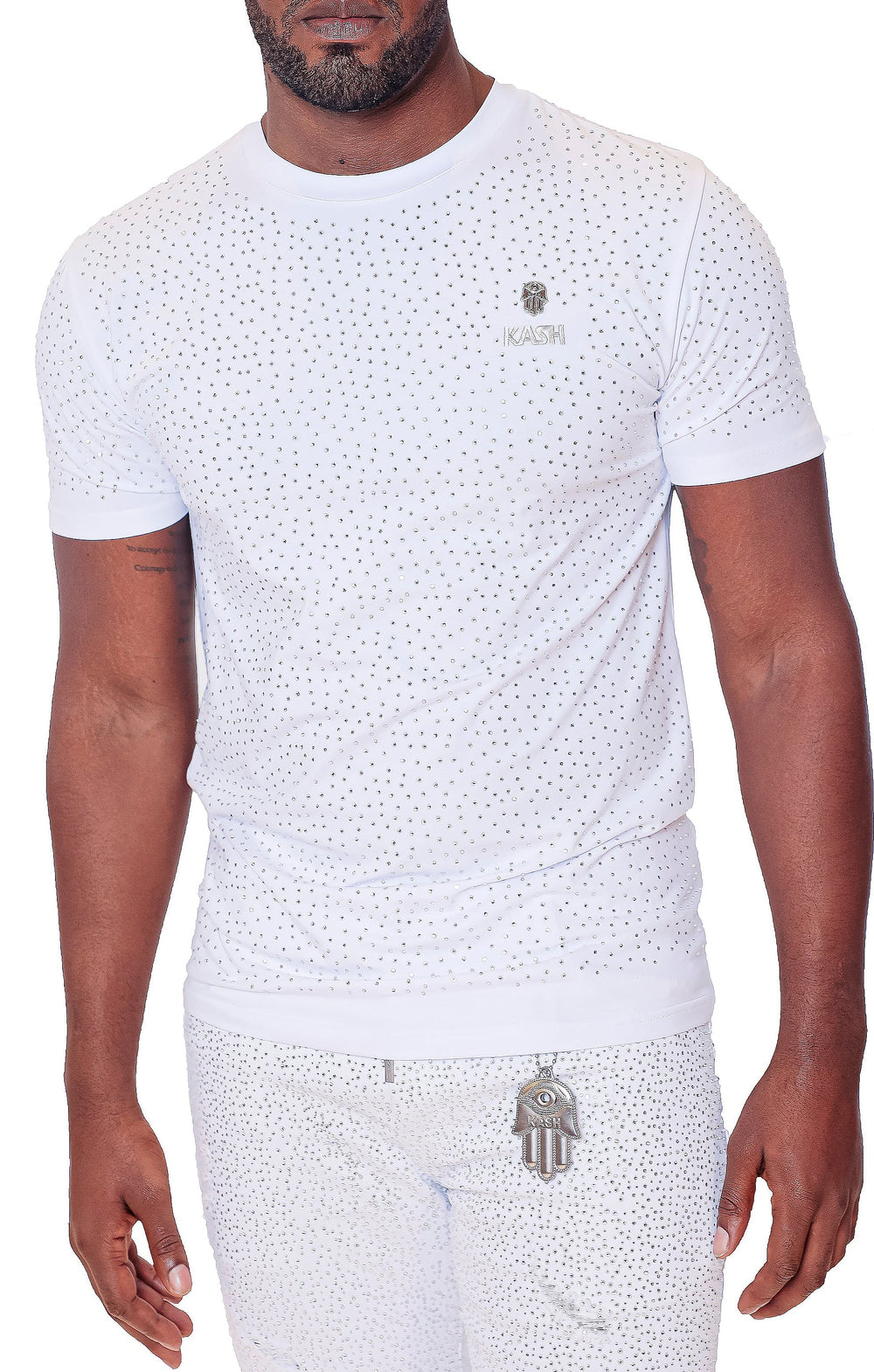 Kash Hamsa Logo Diamond Tee in white and clear – view 1 of 2
