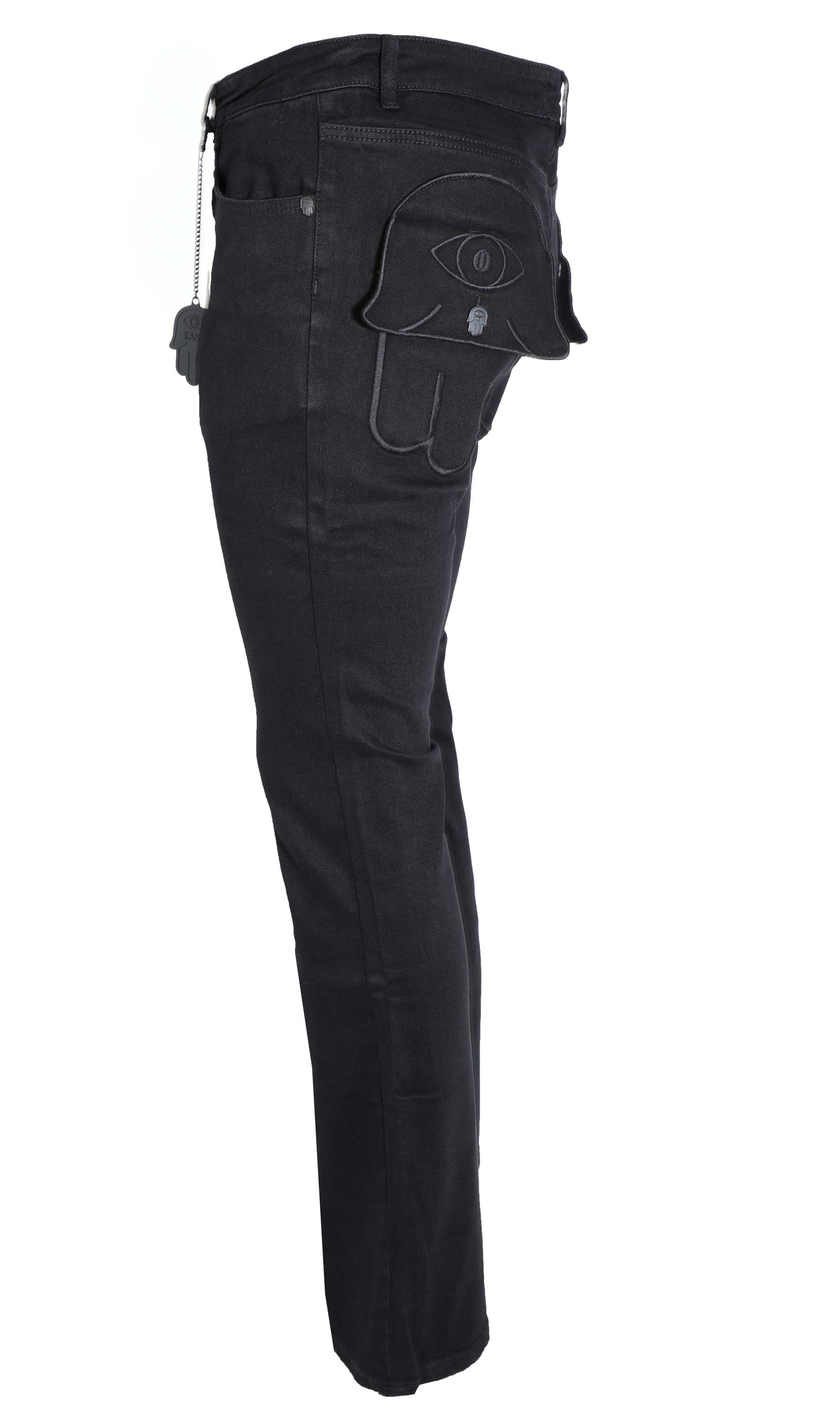 STACKED DENIM HAMSA POCKET W/ EYE - BLACK
