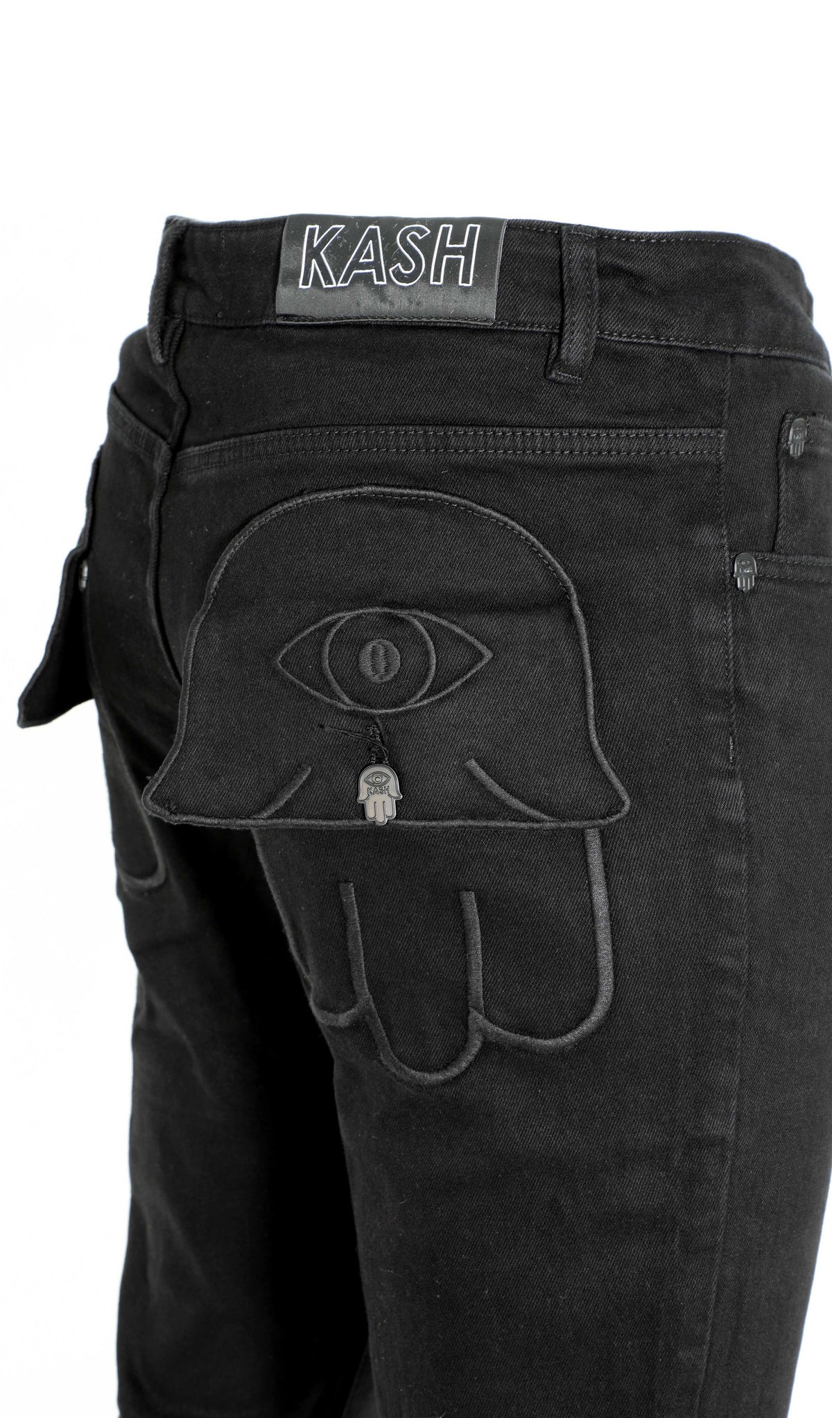 STACKED DENIM HAMSA POCKET W/ EYE - BLACK