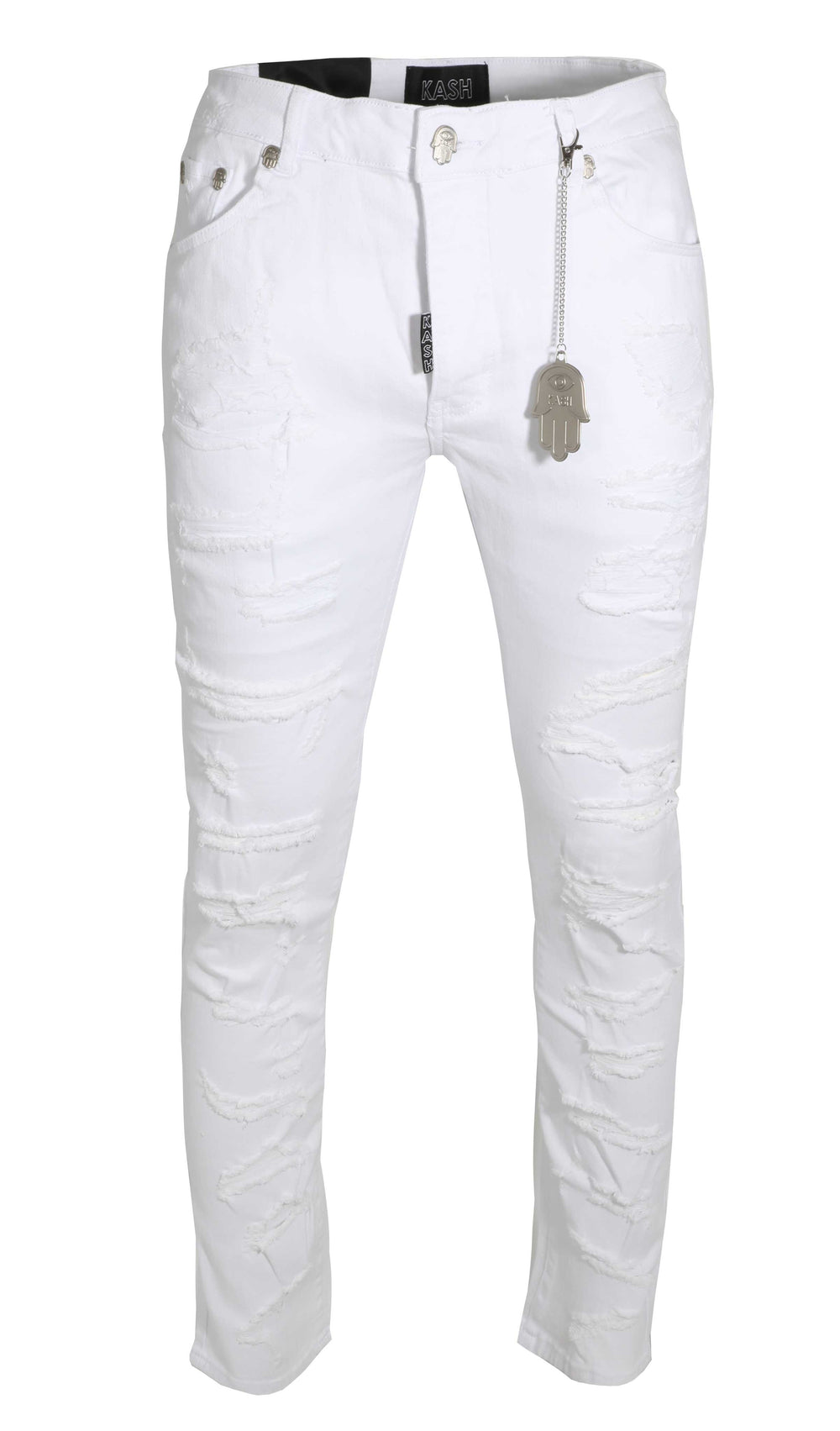 Kash Hamsa Pocket Open Distressed Denim in white – view 1 of 3