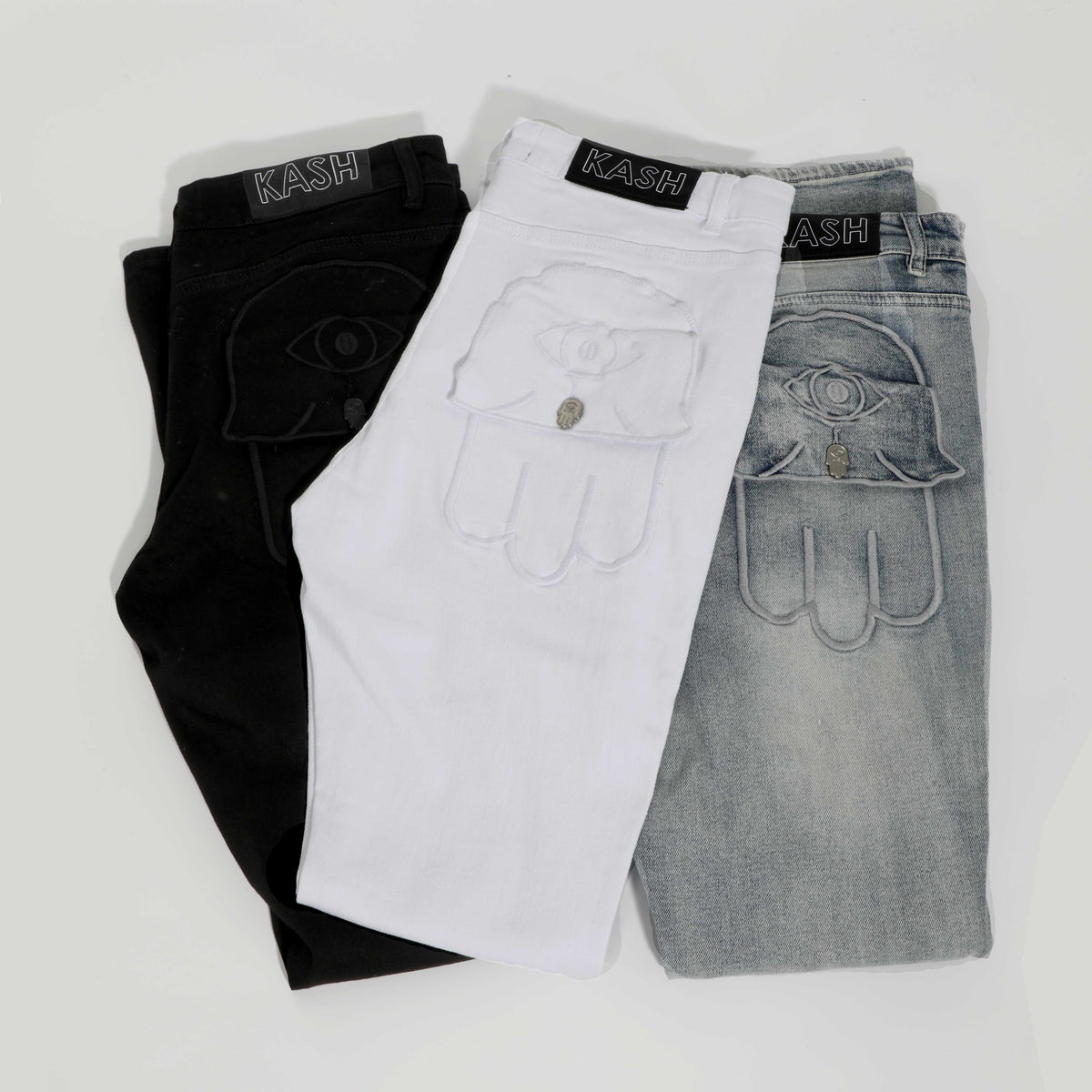 STACKED DENIM HAMSA POCKET W/ EYE - BLACK