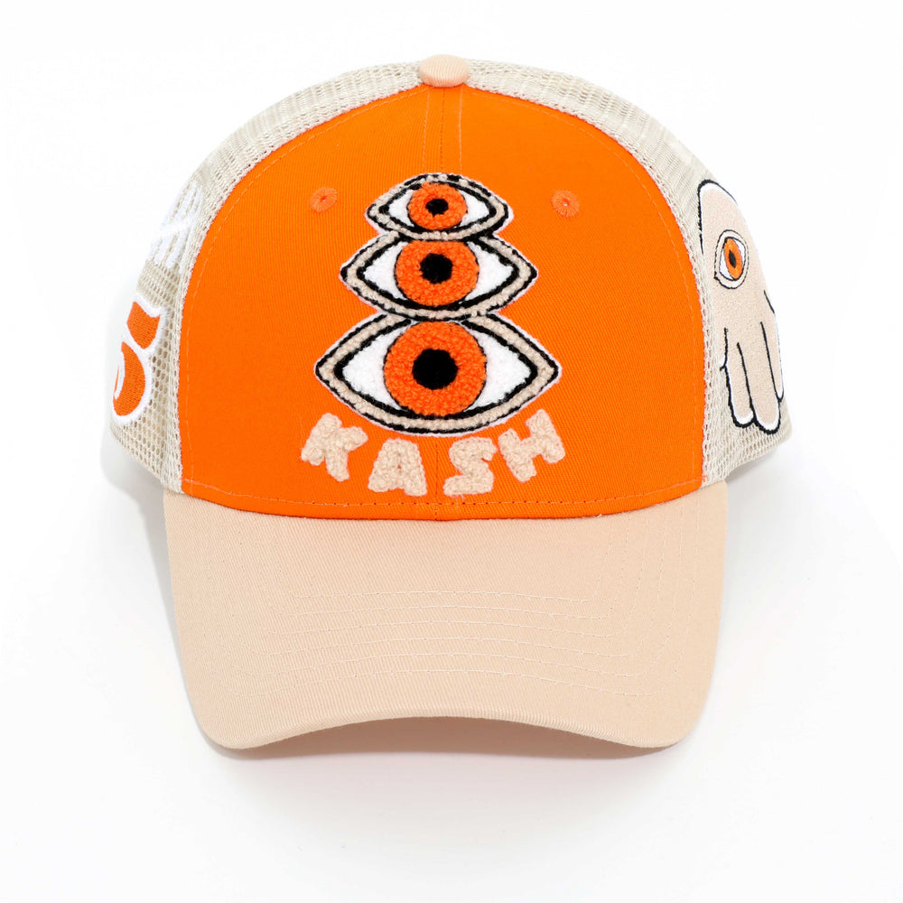 Kash Chenille Hamsa Eyes Snapback in orange with tan – view 1 of 4