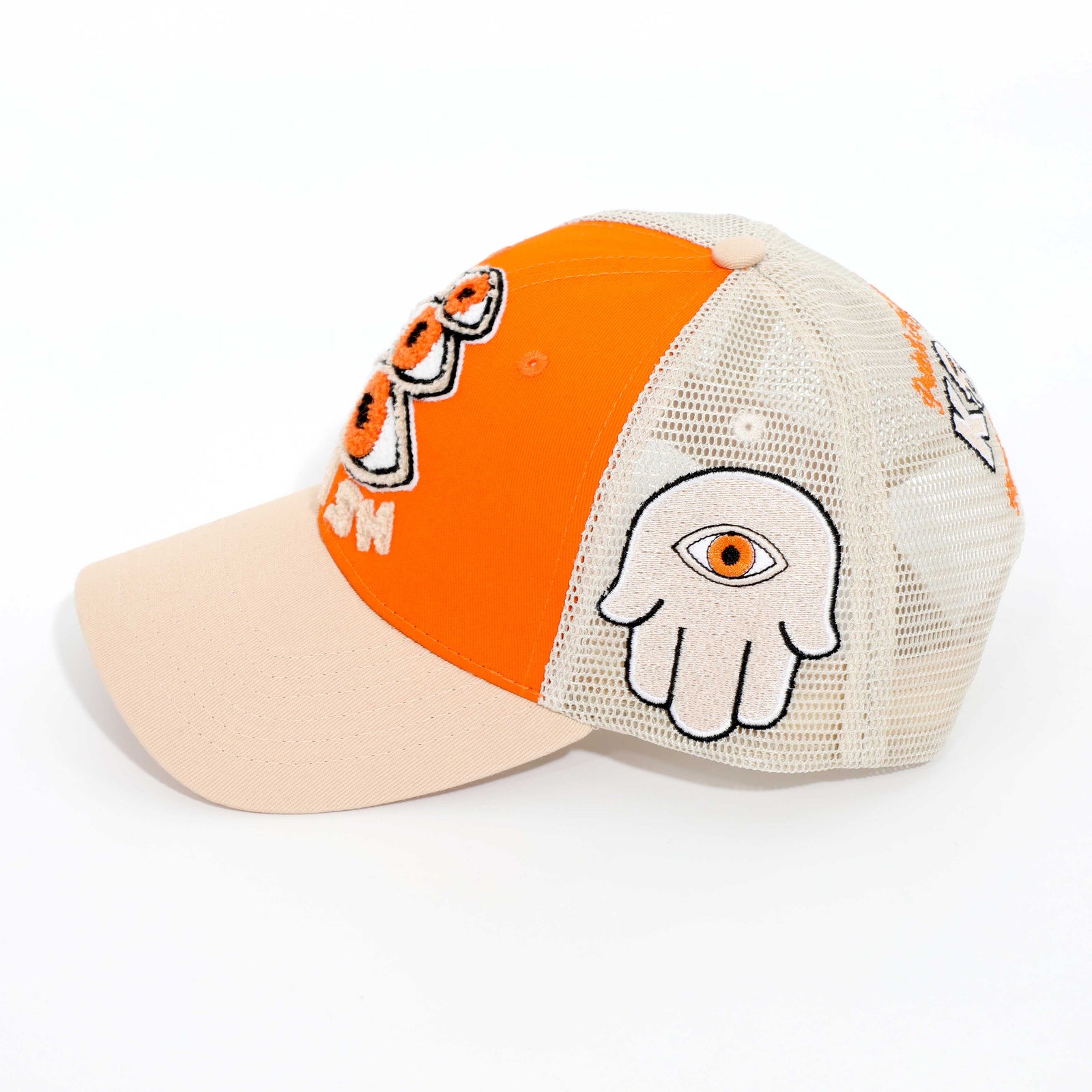 Kash Chenille Hamsa Eyes Snapback in orange with tan – view 3 of 4