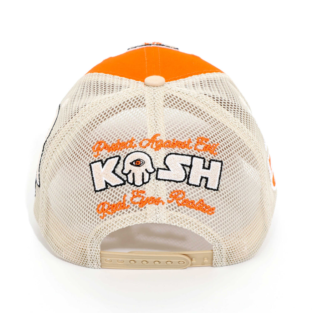 Kash Chenille Hamsa Eyes Snapback in orange with tan – view 2 of 4