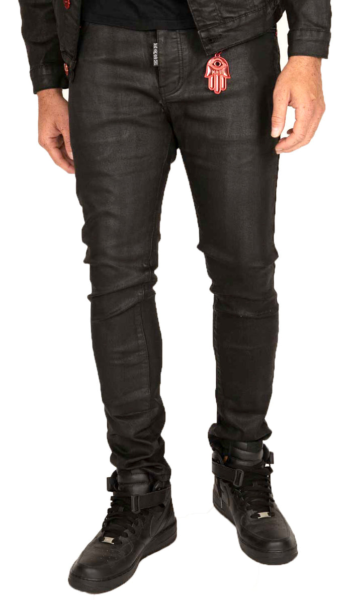 KASH Black Wax Hamsa Pocket Denim with Red Buttons