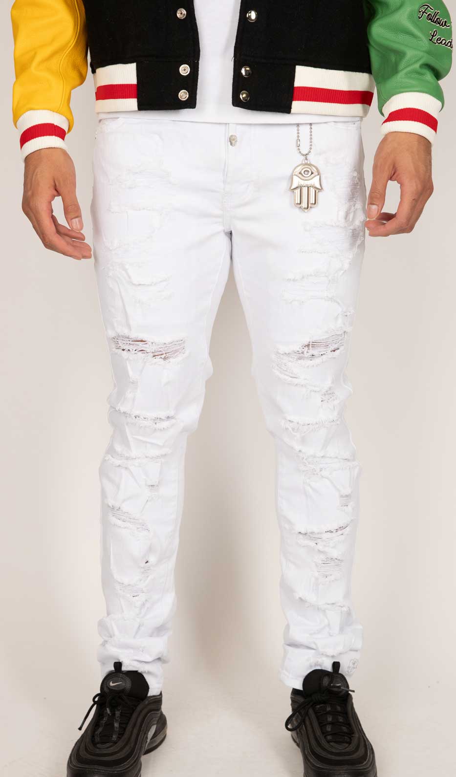 Kash Hamsa Pocket Open Distressed Denim in white – view 3 of 3