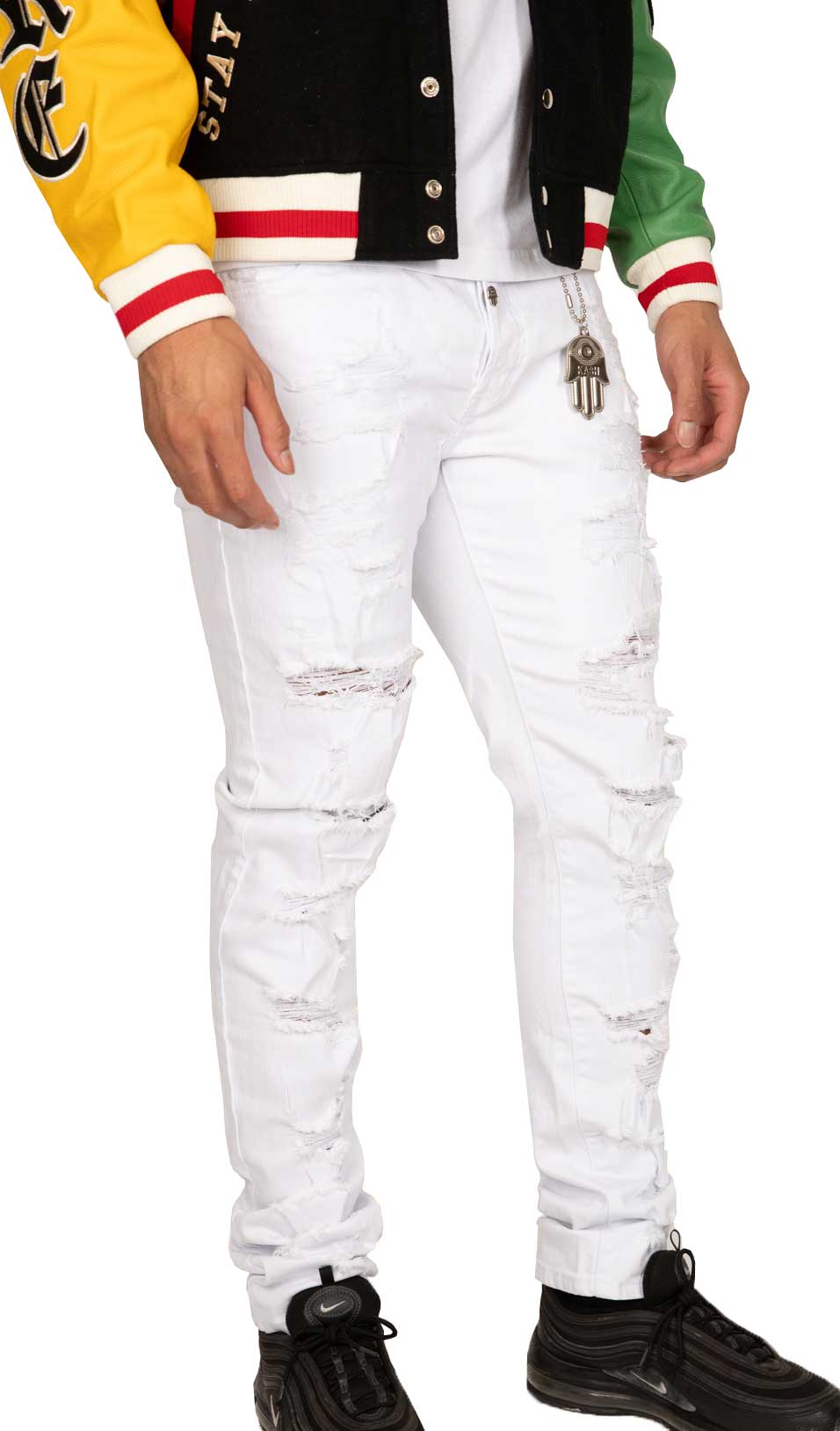 Kash Hamsa Pocket Open Distressed Denim in white – view 2 of 3
