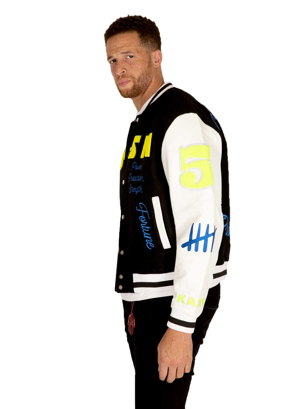 Kash Chenille Varsity Jacket in black with neon green – view 10 of 13