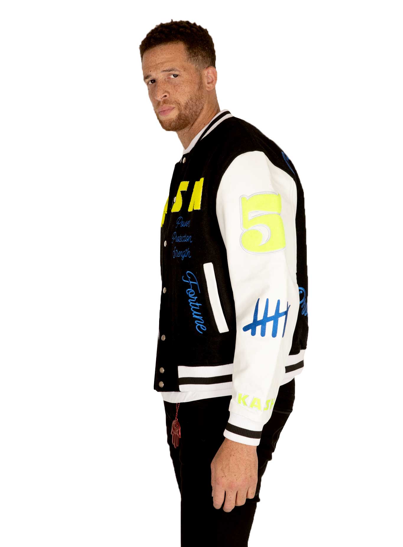 Kash Chenille Varsity Jacket in black with neon green – view 10 of 13