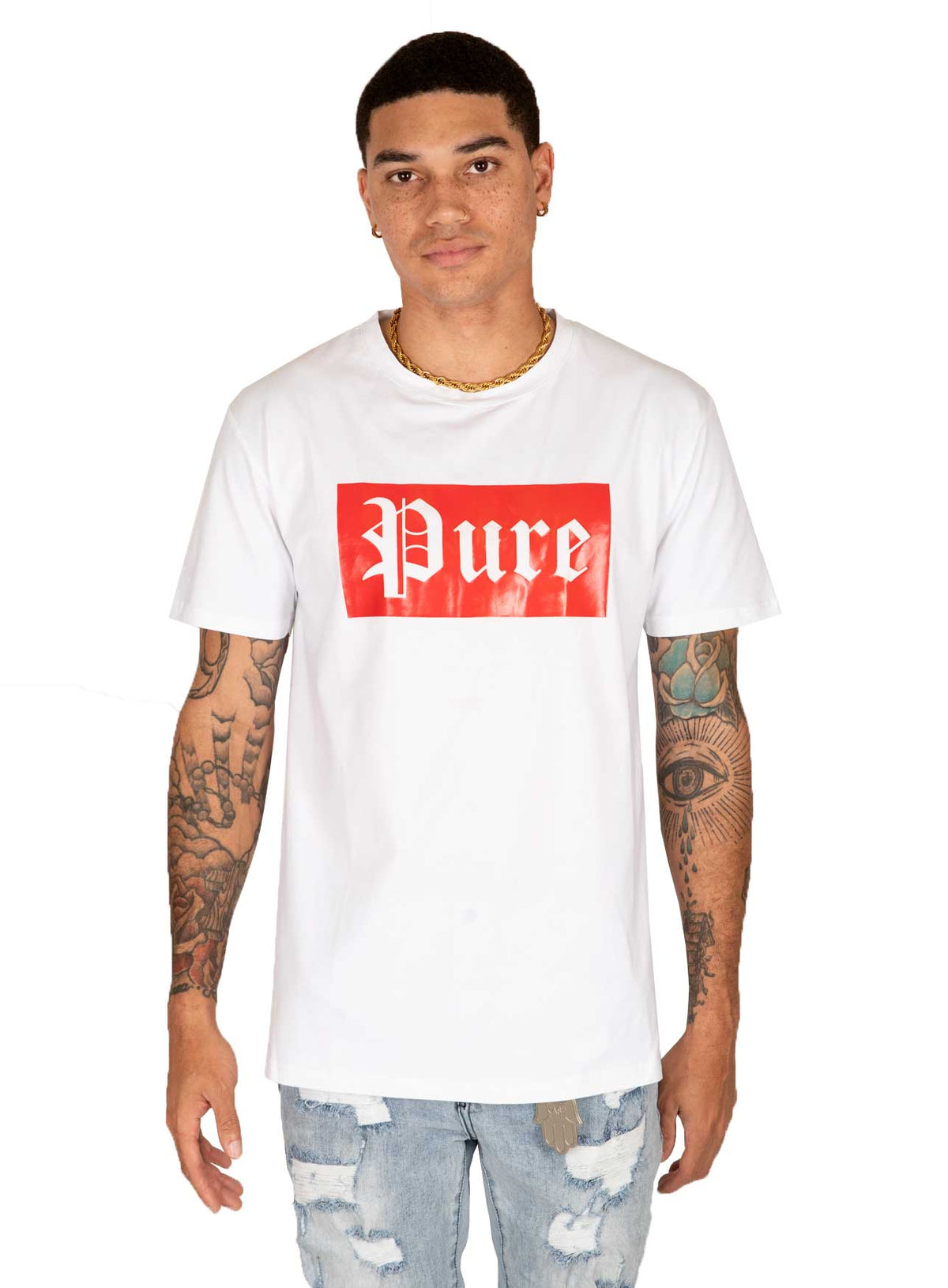 STRETCH PURE TEE WHITE W| RED BLOCK LOGO