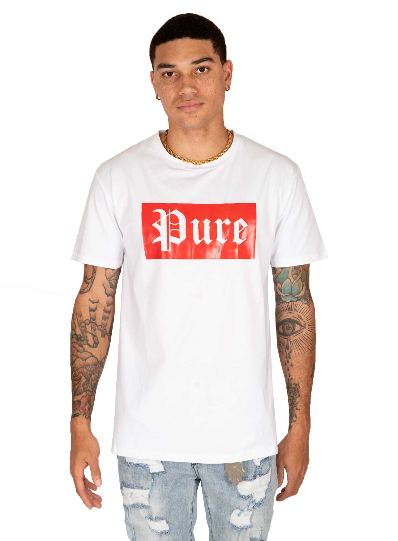 Stretch Pure Tee with Red Block Logo- White