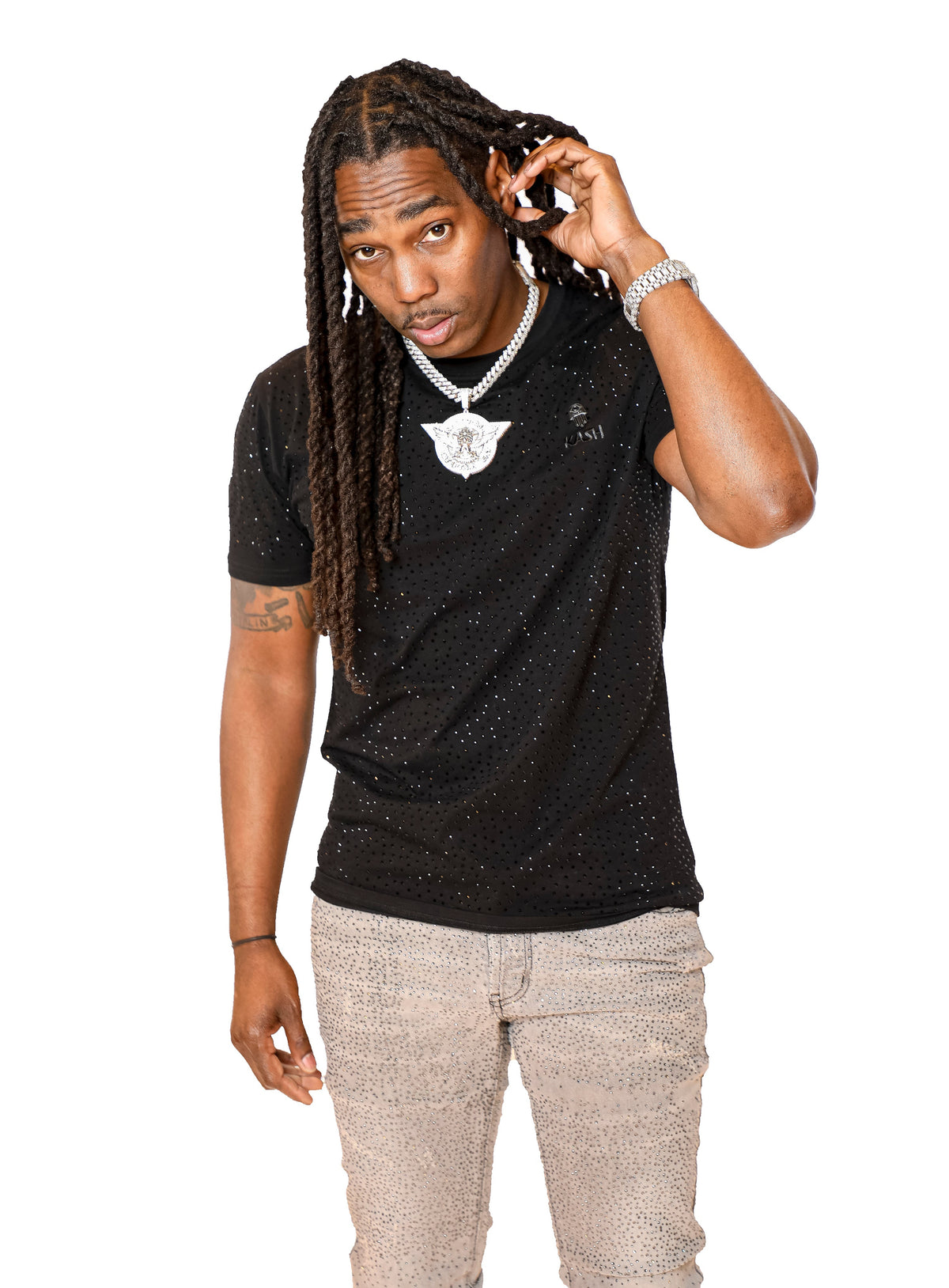 KASH DIAMOND COLLECTION-BLACK TEE SHIRT WITH BLACK CRYSTALS