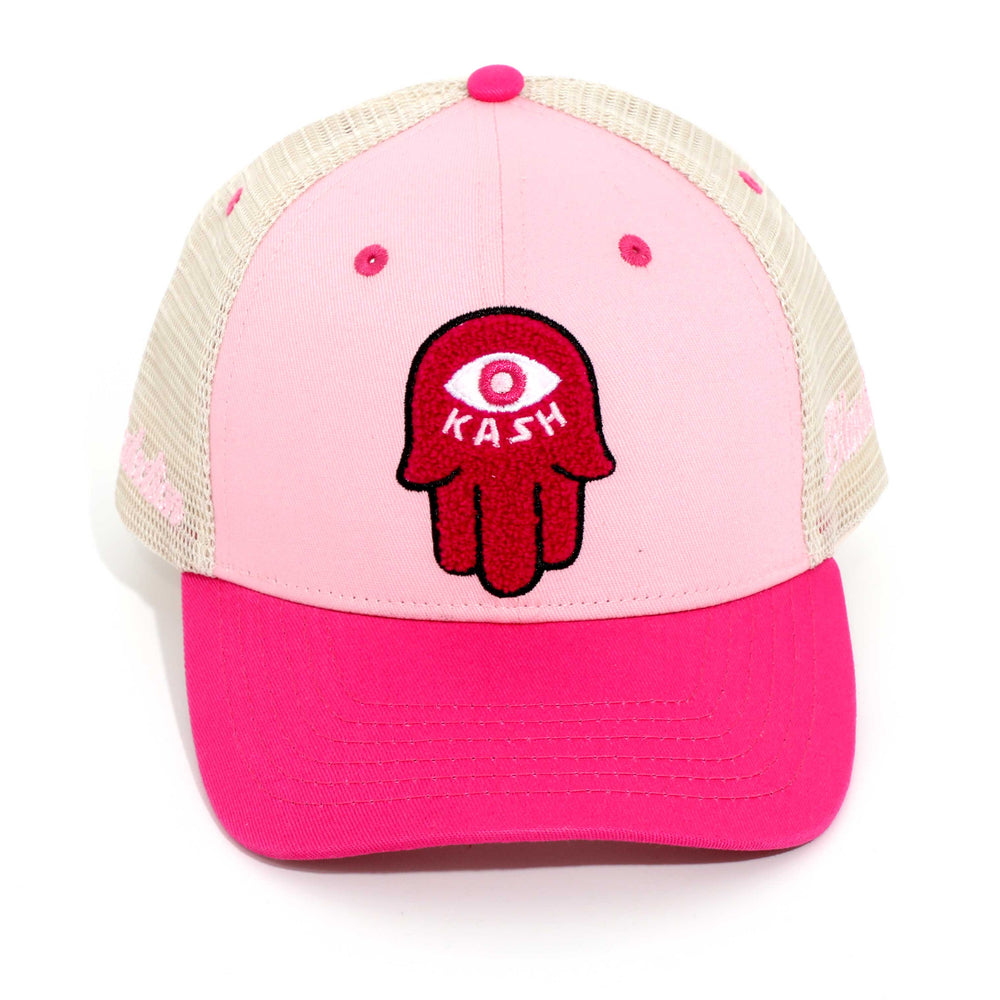 Kash Chenille Hamsa Snapback in pink with ivory – view 1 of 3