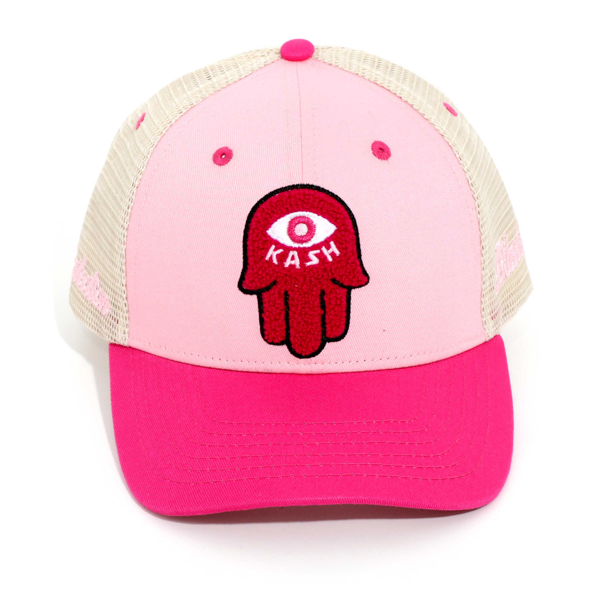 Kash Chenille Hamsa Snapback in pink with ivory – view 1 of 3