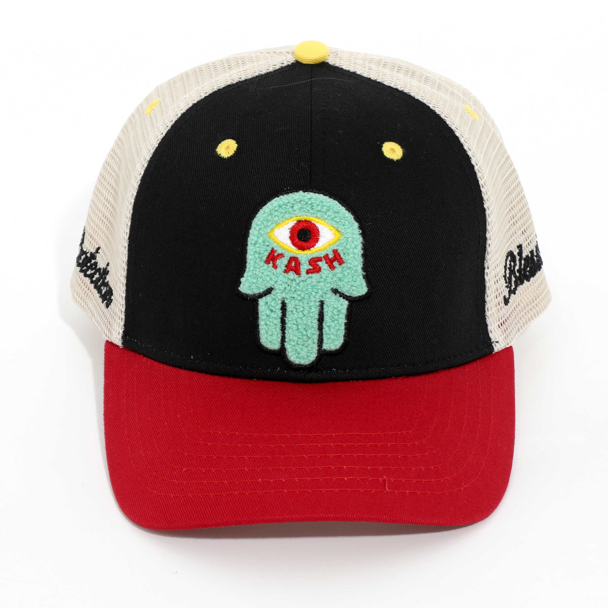 Kash Chenille Hamsa Snapback in black with red – view 1 of 3