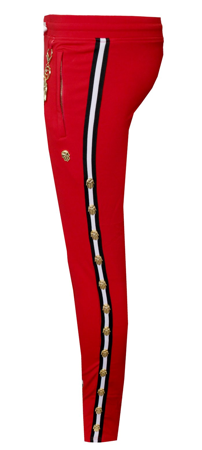Men's Icon Track Pants with HAMSA Hand and Side Stripes-Red