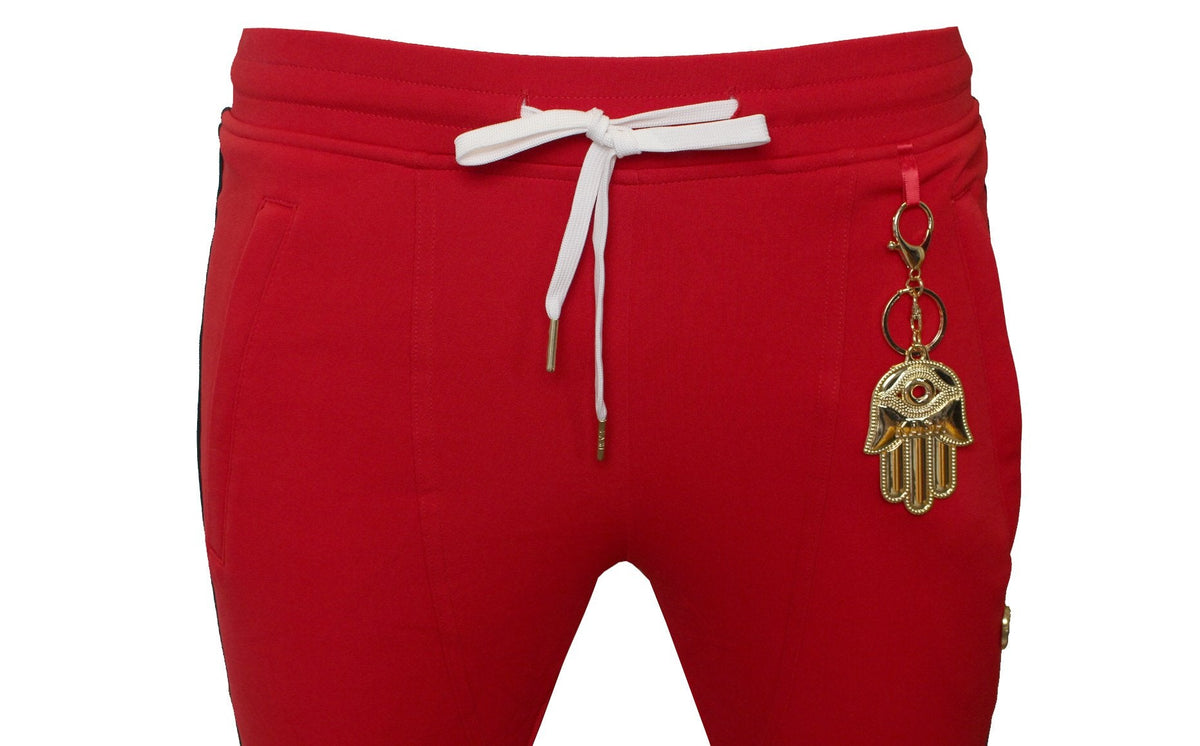 Men's Icon Track Pants with HAMSA Hand and Side Stripes-Red