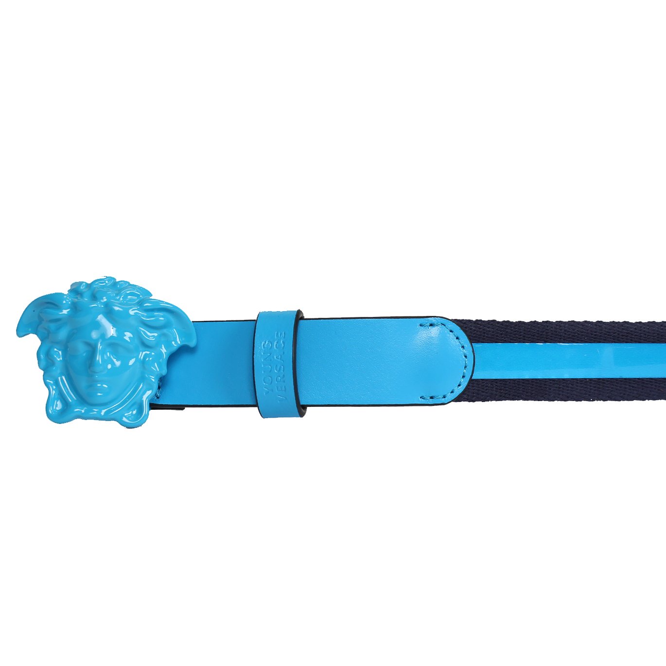 Young Versace Kids Leather and Elastic Belt with Full Medusa Head-Turquoise – view 2 of 2