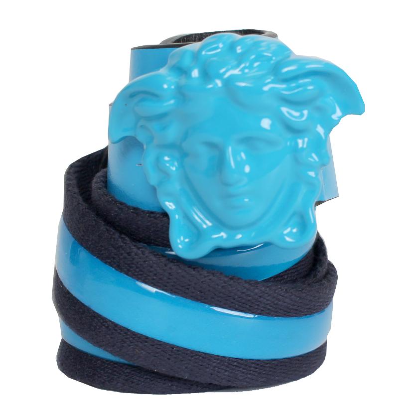 Young Versace Kids Leather and Elastic Belt with Full Medusa Head-Turquoise – view 1 of 2