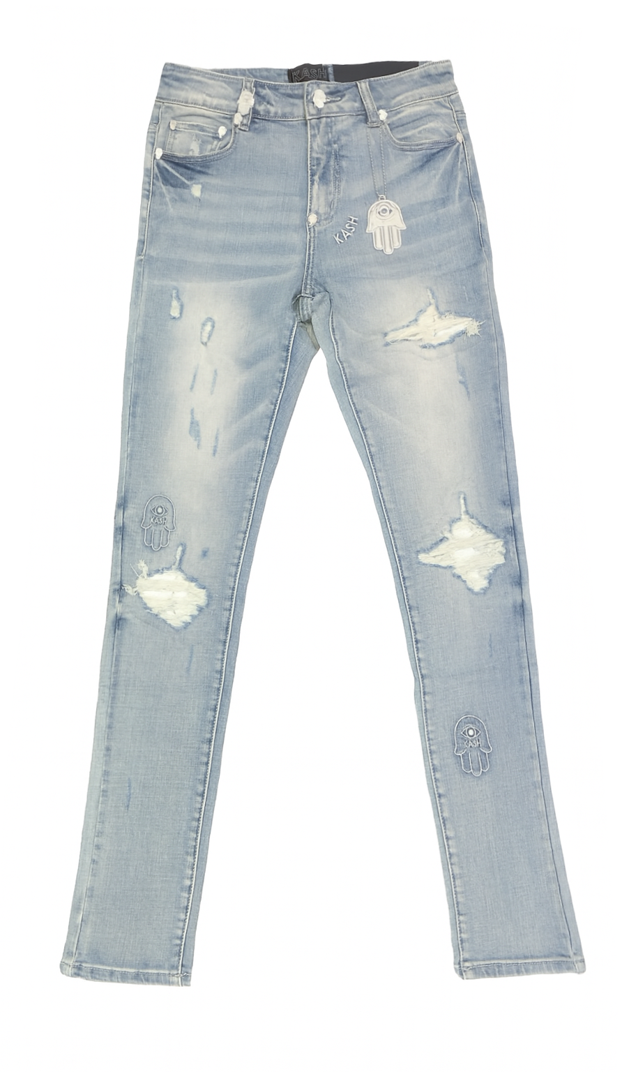 Kash Hamsa Patch Ripped Jeans in light blue, front