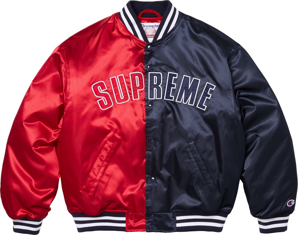 Supreme Champion Satin Varsity Jacket in red and navy split multicolor