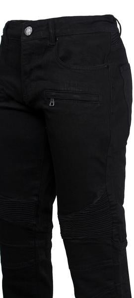 Kash black biker jeans, close-up of front and knee details